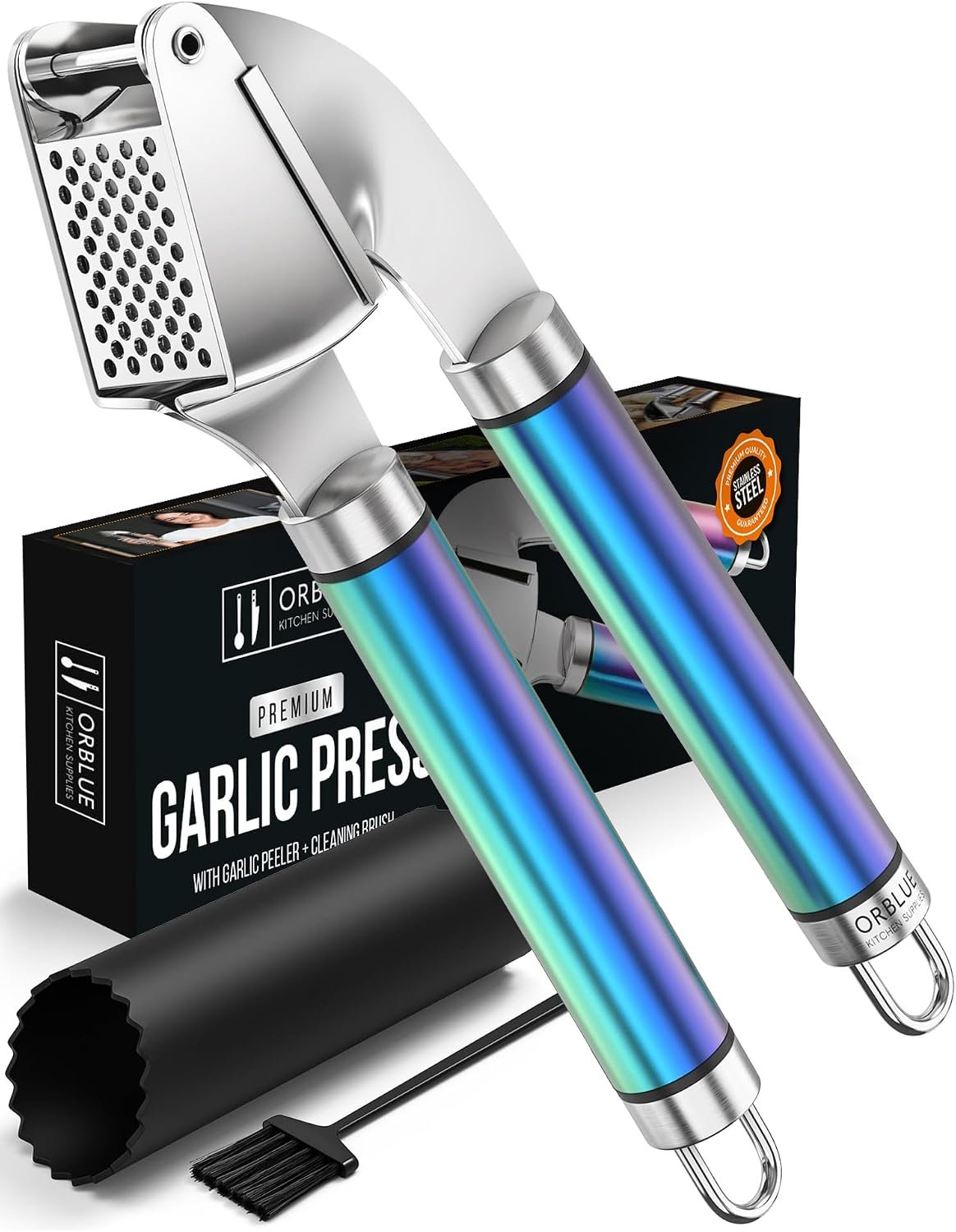 ORBLUE Garlic Press and Peeler Set, Stainless Steel – Professional Grade Mincer, Crusher – Dishwasher Safe & Rust-proof, Multi-colored