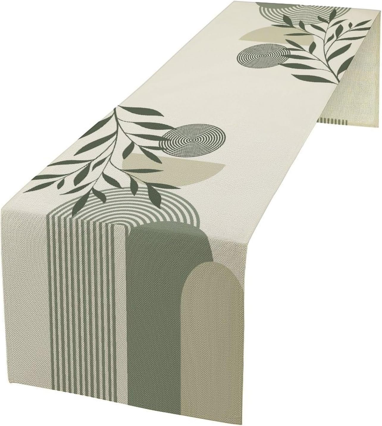 Boho Leaves Table Runner Sage Green Mid Century Modern Abstract Arch Geometric Minimalisted Spring Seasonal Dinner Runner for Farmhouse Kitchen Dining Home Holiday Party 13x36in