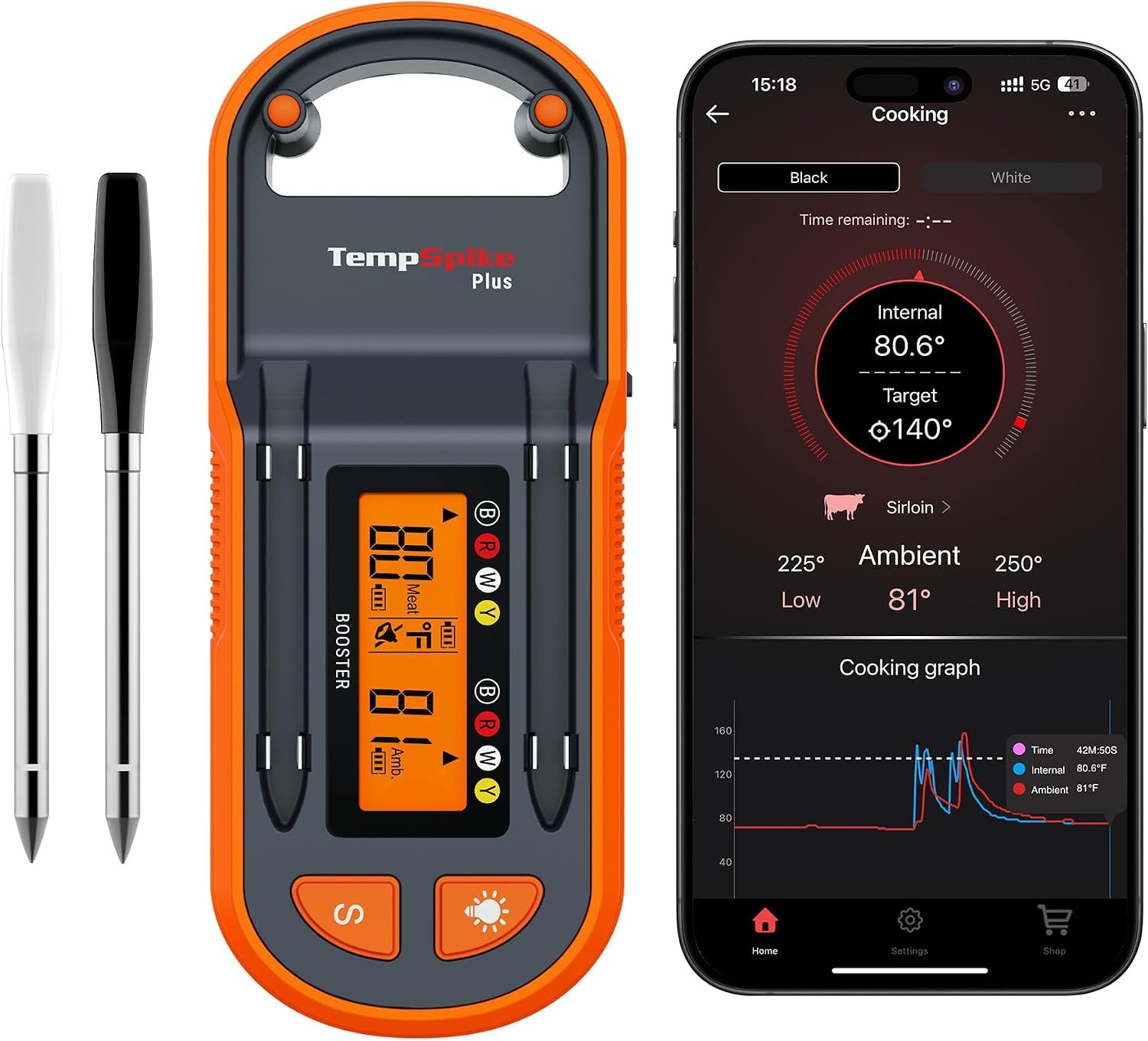 TempPro TempSpike Plus 600ft Wireless Meat Thermometer with 2 Color-Coded Probes, Bluetooth Meat Thermometer Wireless with LCD-Enhanced Booster for Food Cooking Grill Smoker Gift for Dad Him Husband | Bluetooth Meat Thermometer Wireless with LCD-Enhanced Booster for Food Cooking Grill Smoker Rotisserie Sous Vide