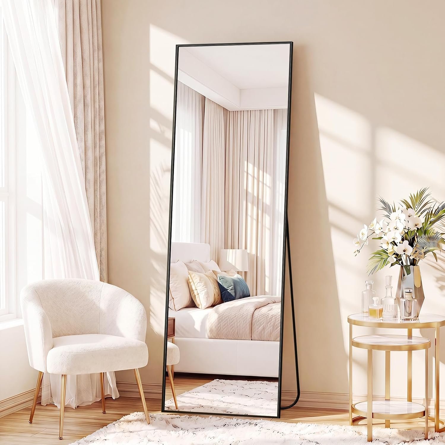 Sweetcrispy 56″x15″ Full Length Mirror, Standing Full Body Mirror, Black | Aluminum Alloy Thin Frame, Floor or Standing, Suitable for Bedroom, Living Room, Cloakroom