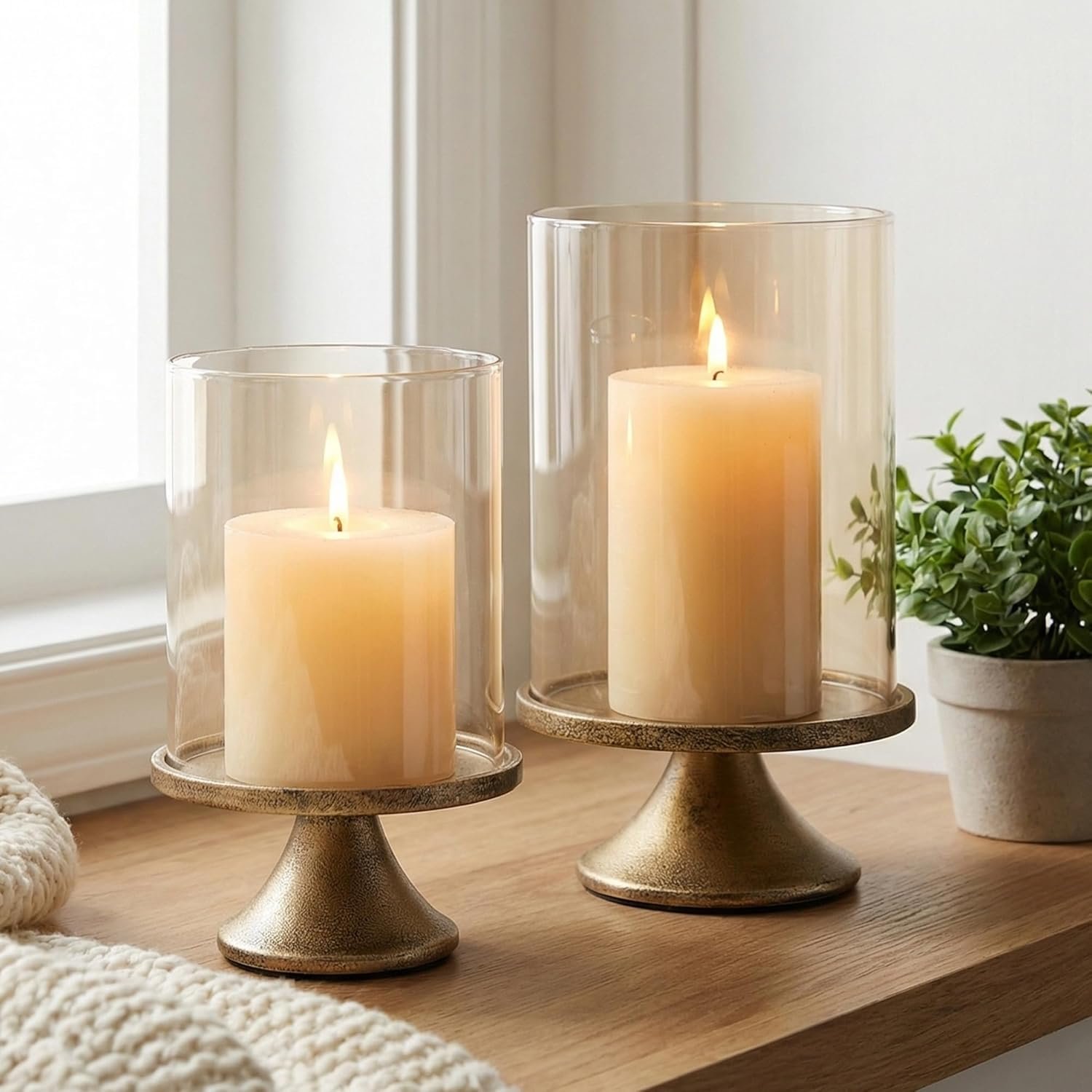 Set of 2 Hurricane Candle Holder Set with Glass Dome & Iron Base | Elegant Decorative Pillar Candle Holders for Living Room, Dining Room & Bedroom Centerpiece – Ideal Home Décor