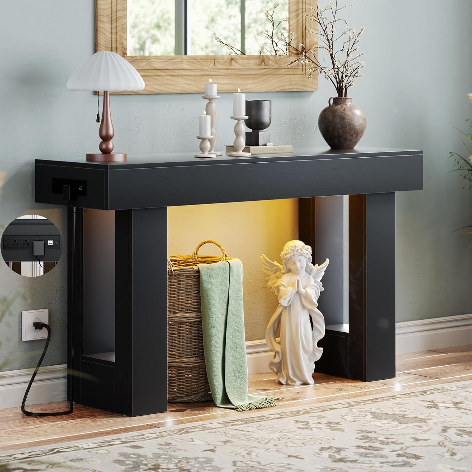 Unikito 47″ Entryway Table with Sensor Light and USB Outlet, Black | Narrow Console Table with Storage Behind Couch, Farmhouse Foyer Table with Open Storage Versatile for Entrance Living Room