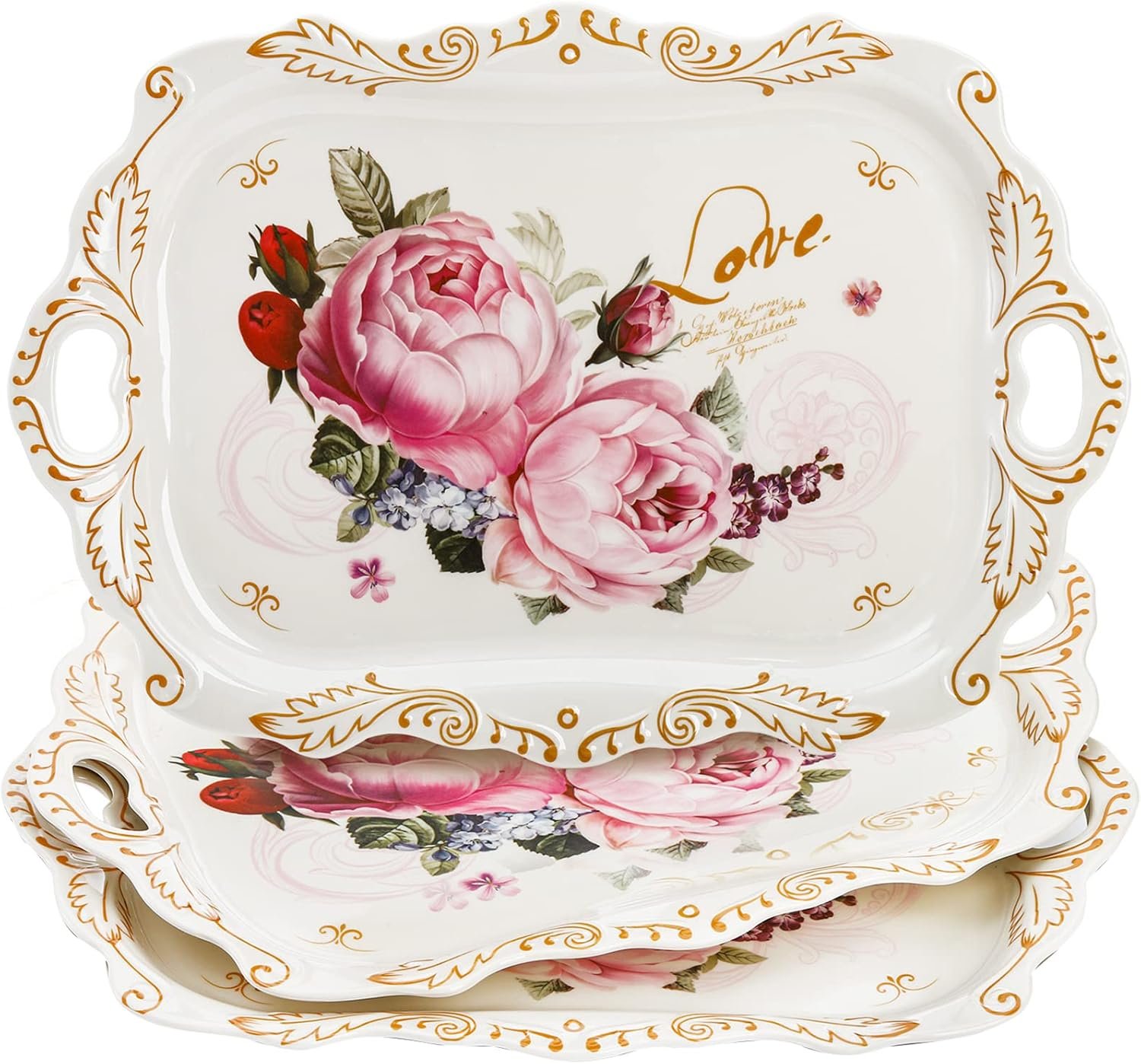 3-Pack Melamine Serving Tray, Stackable Food Tray with Handles for Eating, Unbreakable Large Serving Platter with Floral Print for Gift, Party, Decor, Home, Restaurant, 16″L x 11″W, Rectangle
