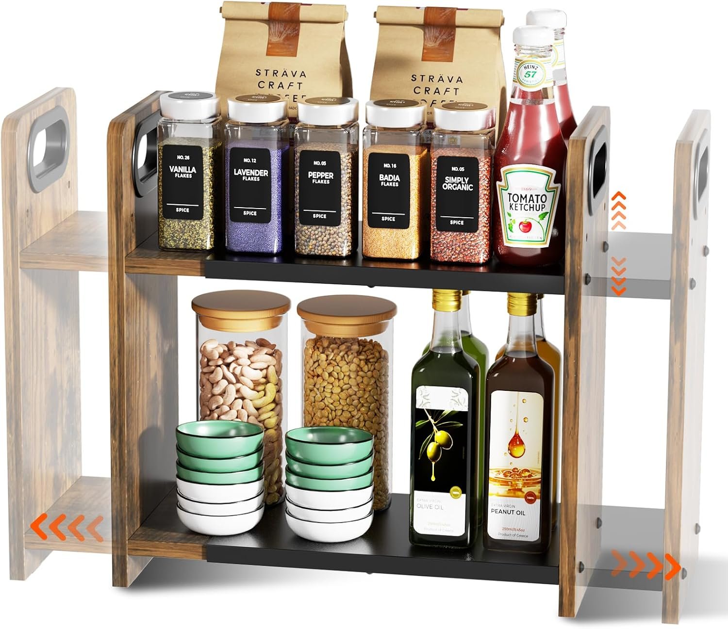 2-Tier Expandable Spice Rack Organizer for Countertop, 10.6″-17.3″ | Metal & Wood ,Adjustable Height Spice Racks Shelf for Counter Cabinet Coffee Station, Space-saving Kitchen Storage Shelves