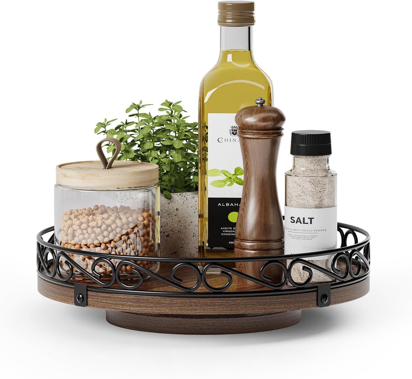9” Lazy Susan Turntable Organizer for Table Top, Wooden Lazy Susan Cabinet | Farmhouse Rotating Decor Tray for Dining Table, Pantry, Kitchen Countertop, Spice, Bathroom Vanity, Round Patterned Rim,Brown