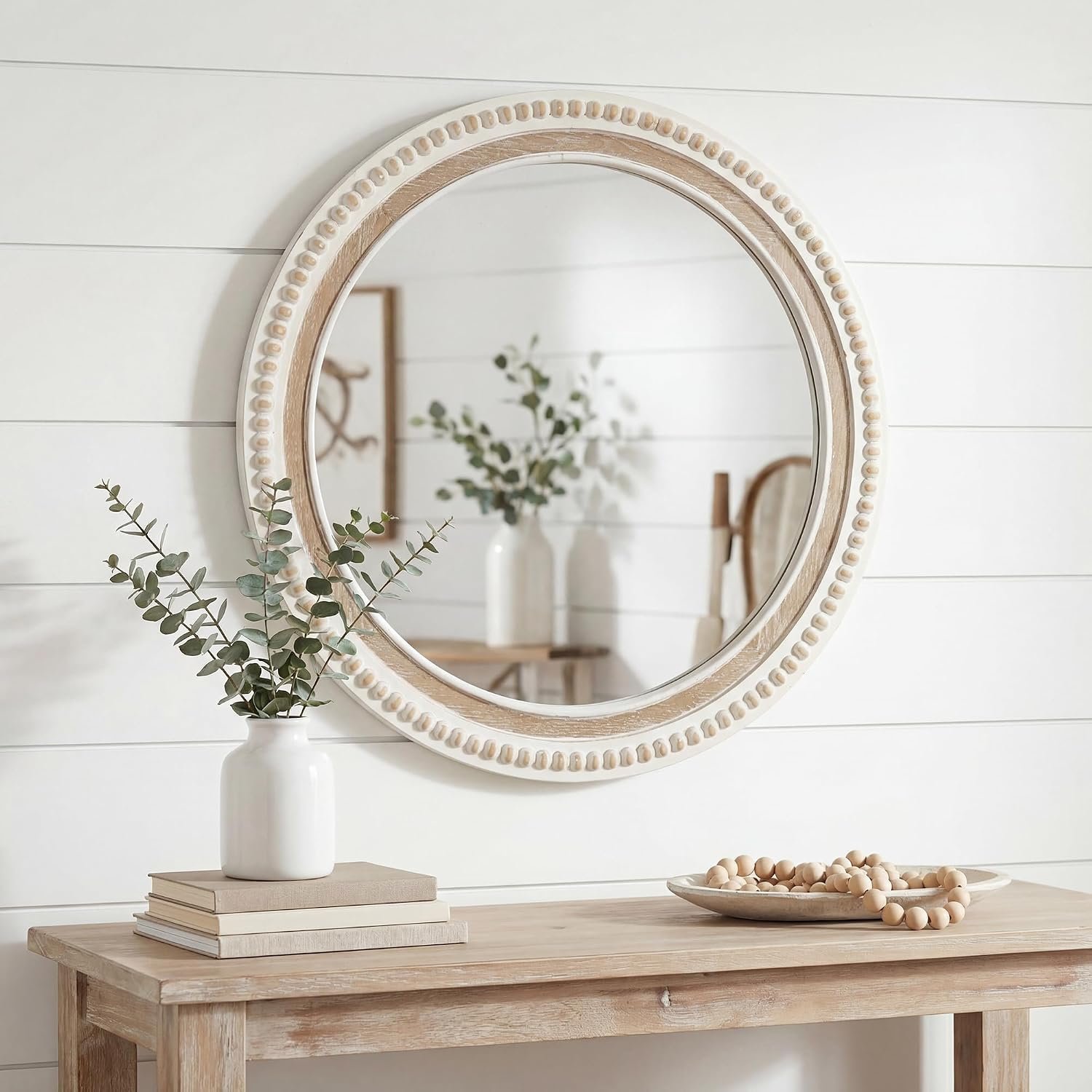 24 Inch Round Wood Wall Mirror for Wall Decor, Farmhouse Rustic White Decorative Circle Distresse Mirrors with Wooden Frame for Bedroom, Entryway, Living Room, Kithen, Home, Office