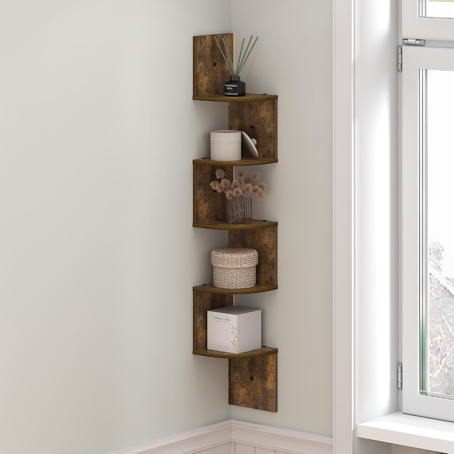 Furinno Rossi Floating Book Shelves for Wall, 5-Tier Zigzag Corner Shelf Wall Mounted, Radial Corner Floating Shelf, for Living Room, Bedroom, Bathroom, Home Office, Amber Pine