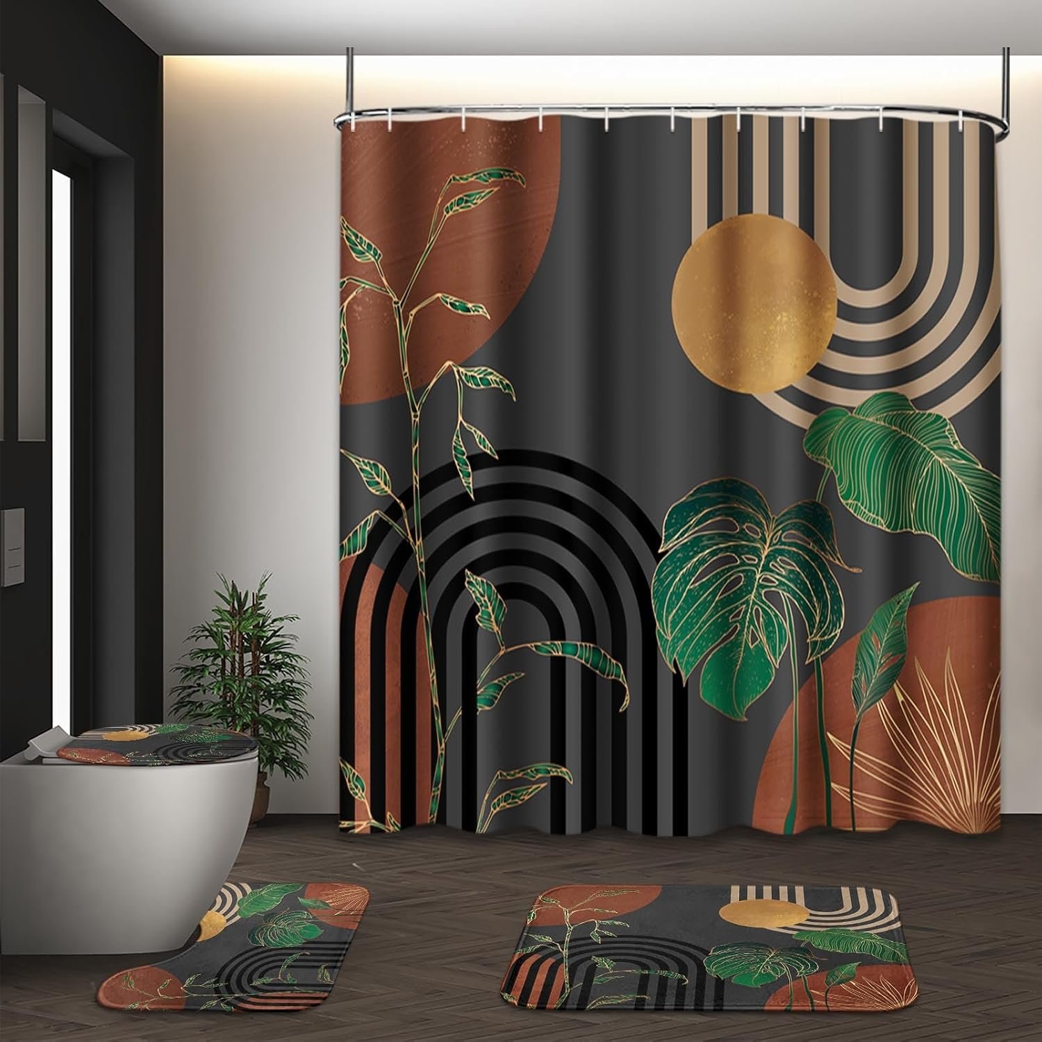 Bathroom Sets with Shower Curtain and Rugs, 4 Pcs, Boho Retro | Modern Abstract Minimalist Bathroom Decor Set with Toilet Lid Cover, Non-Slip Bath Mats and 12 Hooks