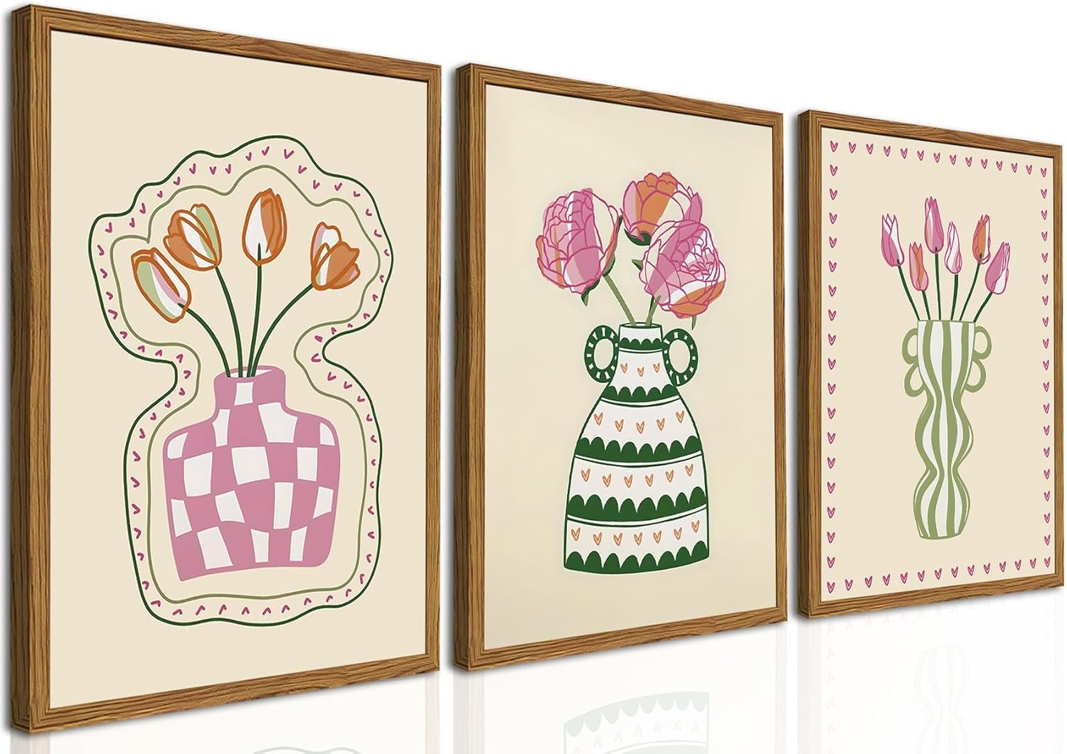 Framed Boho Floral Canvas Wall Art Set of 3, Pink Tulip Flower Paintings Wall Decor, Abstract Botanical Pictures Prints Minimalist Home Decor Aesthetic for Living Room Bedroom Office 12×16 inch