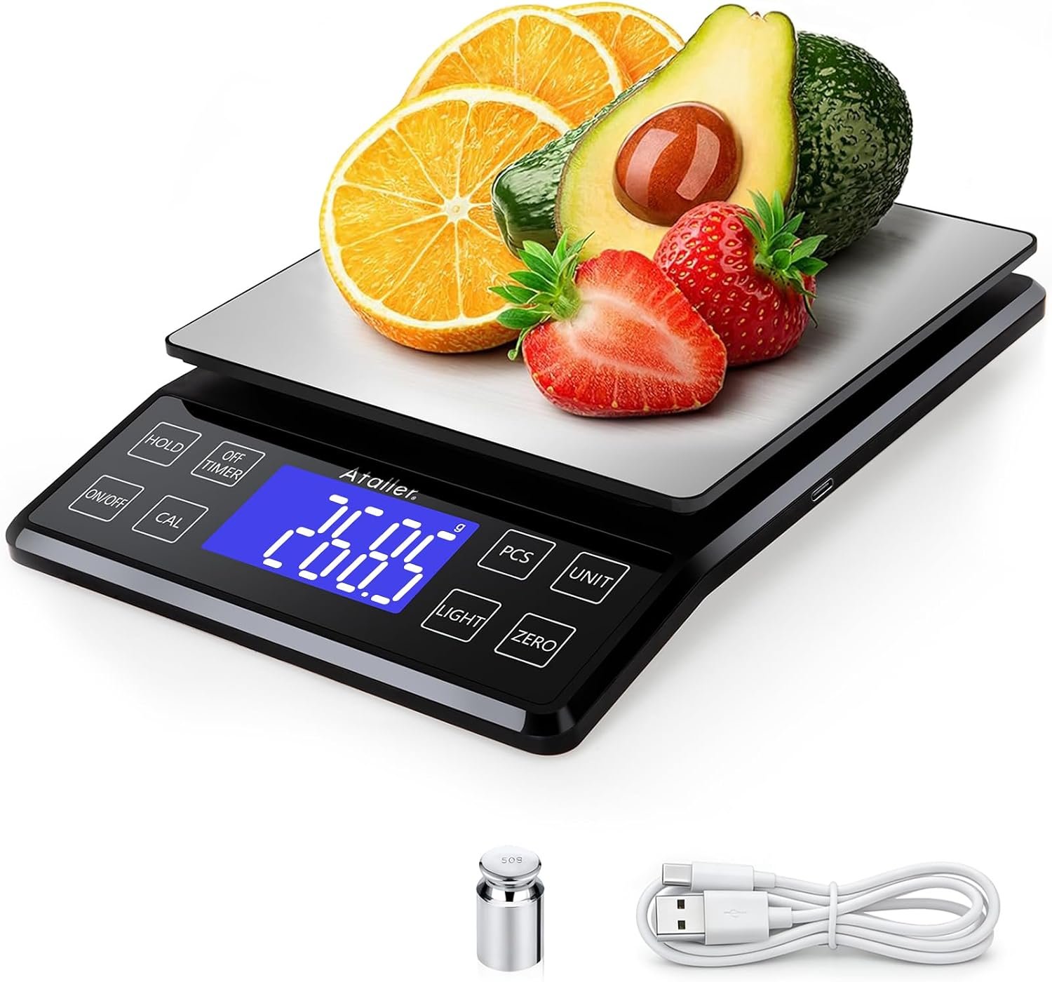 Rechargeable Digital Kitchen Scale, 0.1g Resolution Max 5kg 11Ibs | Food Scale with PCS Counting, Hold, Tare Functions, 6.3″x6.3″ Large Stainless Steel Platform, for Cooking, Baking, Meal Prep