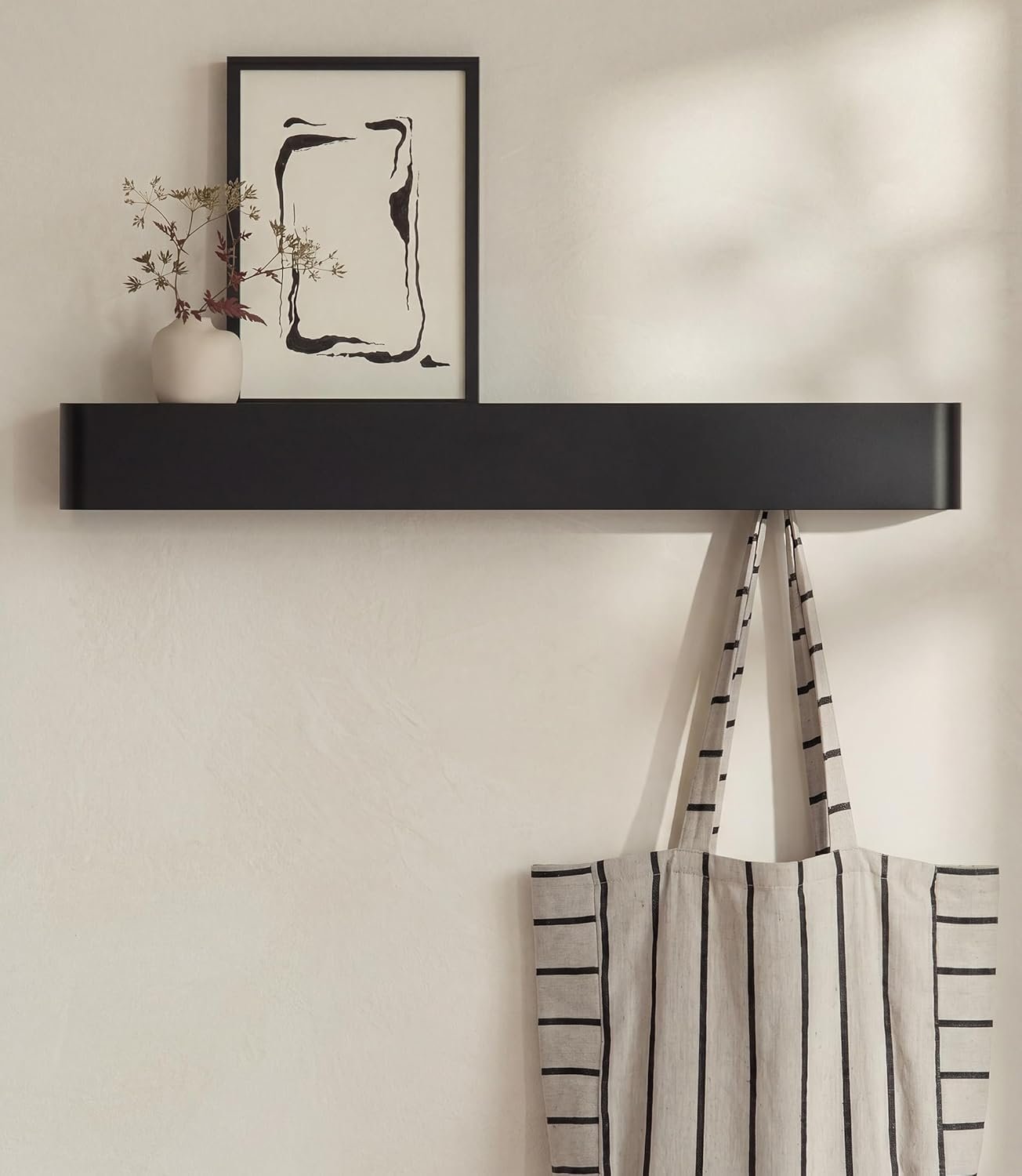 Kazai. Coat Rack Wall Mount with Shelf ‘Tone’ | Modern Design Coat Hanger with Hidden Hooks and Storage | Hat Rack with Shelf in Metal | Wall-Mounted Purse Organizer | Black