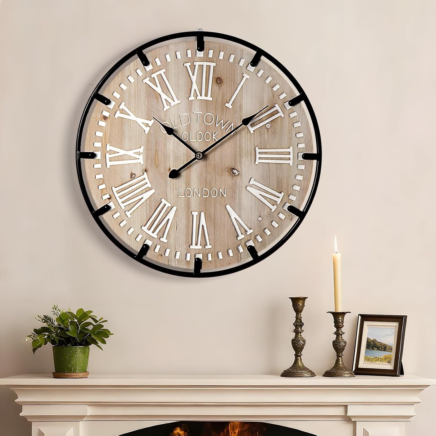 Farmhouse 24 Inch Wood Roman Large Wall Clock with Metal Circle | Oversized Wood Decorative Wall Clock with Large Roman Numeral for Living Room/Bedrooms/Offices, Silent and Battery Operated