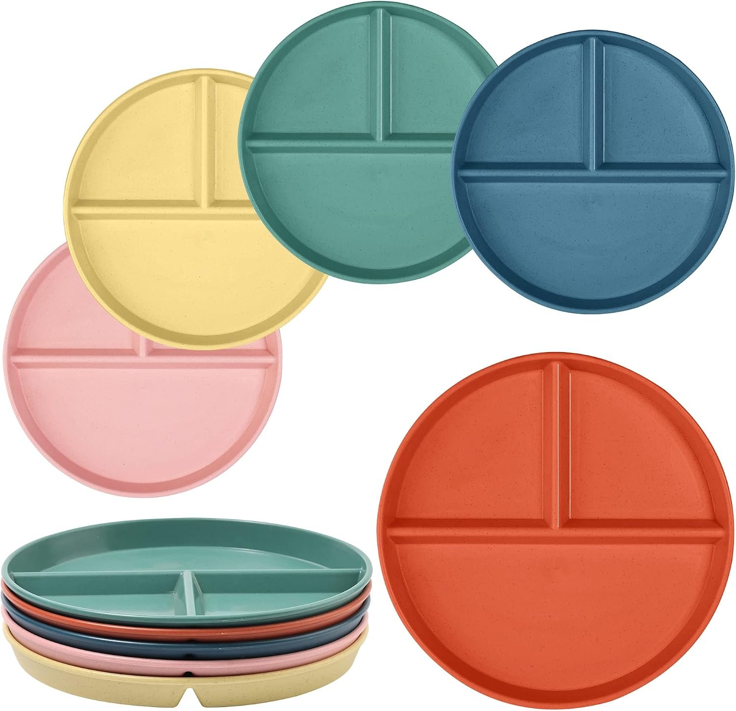 Portion Control Plate 9Inch 5PS， Round Divided Plates for Kids Adults，3 Compartment Plates Reusable,Microwave And Dishwasher Safa