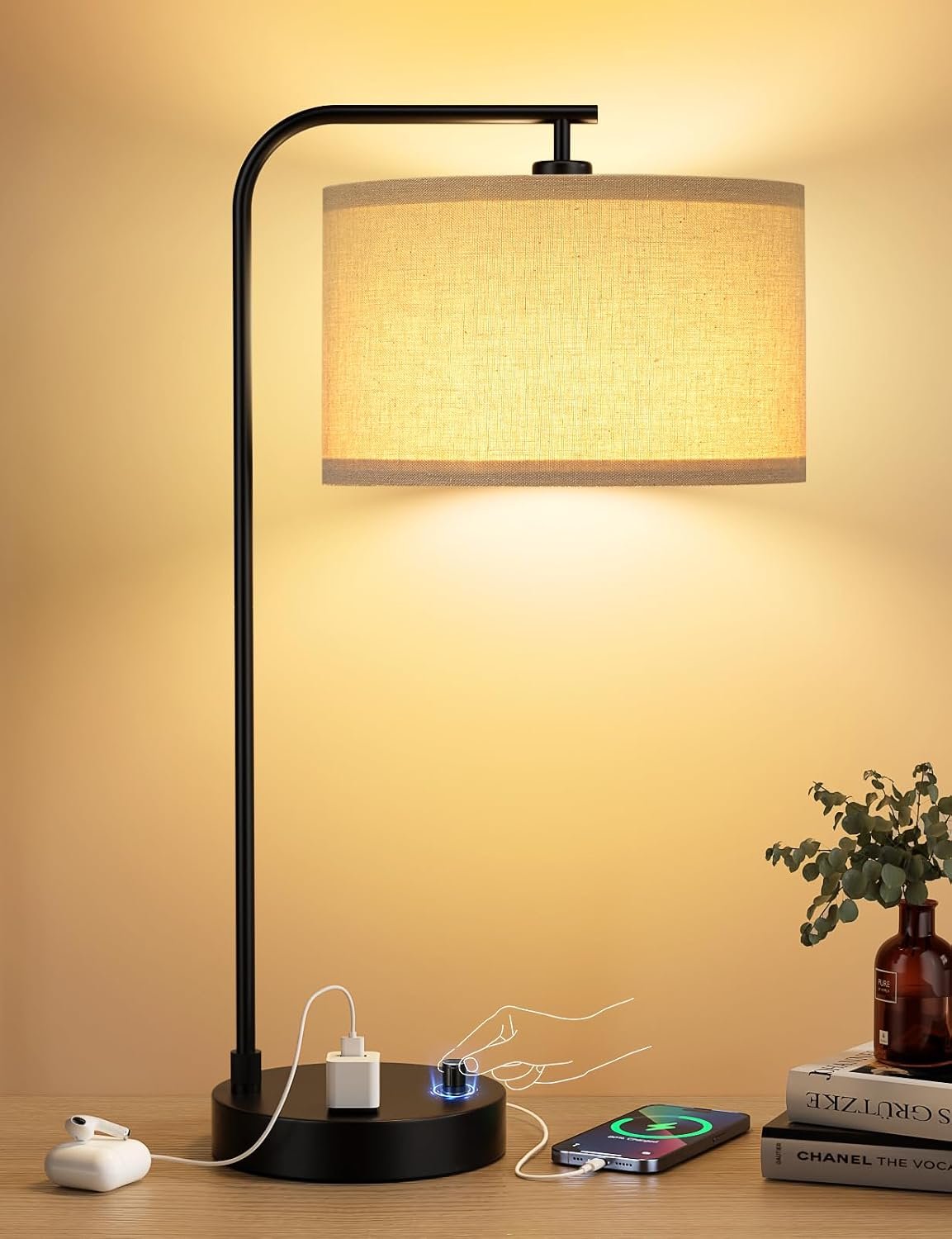 20.7″ Tall Table Lamp with USB & Outlet, Fully Dimmable Nightstand Lamp | Linen Lampshade, USB Port and Outlet, Black Desk Lamp for Bedside, Living Room, Guest Room, Home Office, LED Bulb Included