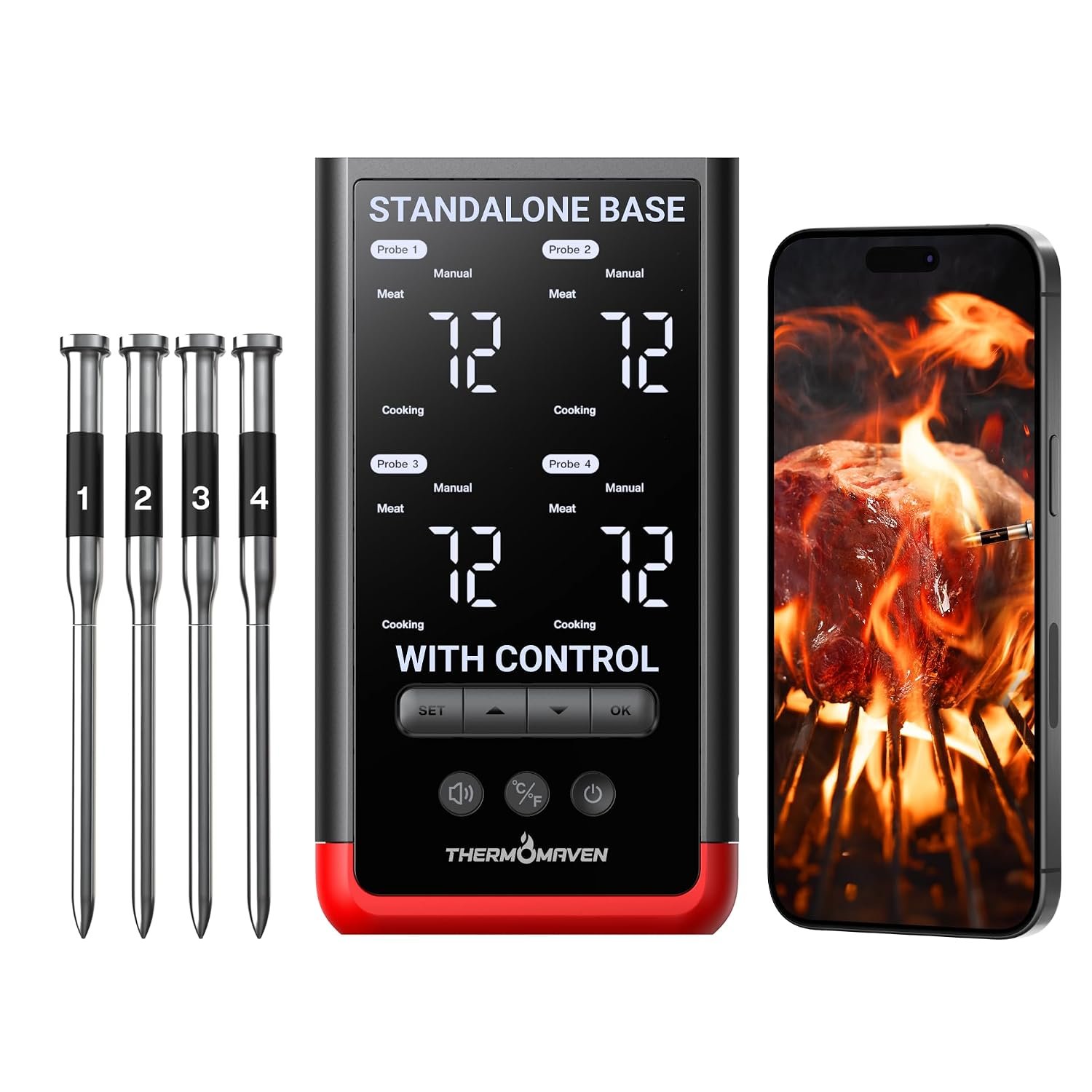 ThermoMaven WiFi Wireless Meat Thermometer, 4 Probes, Smart Base, 6 Sensors | Unlimted Monitor Range via APP, Commercial-Grade NIST Certified Accuracy, for Restaurant Kitchen, BBQ/Grill/Oven