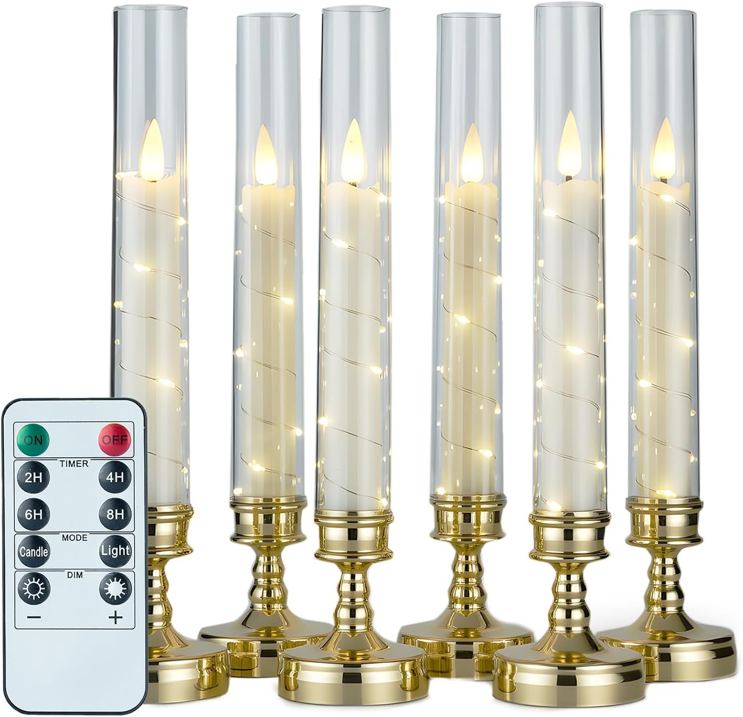 6PCS Flameless Candles with Timer, Flickering Fake Electric LED Candles for Romantic Ambiance, Battery Operated Candles, Centerpiece Table Decorations, Wedding, Halloween, Christmas (Gold)