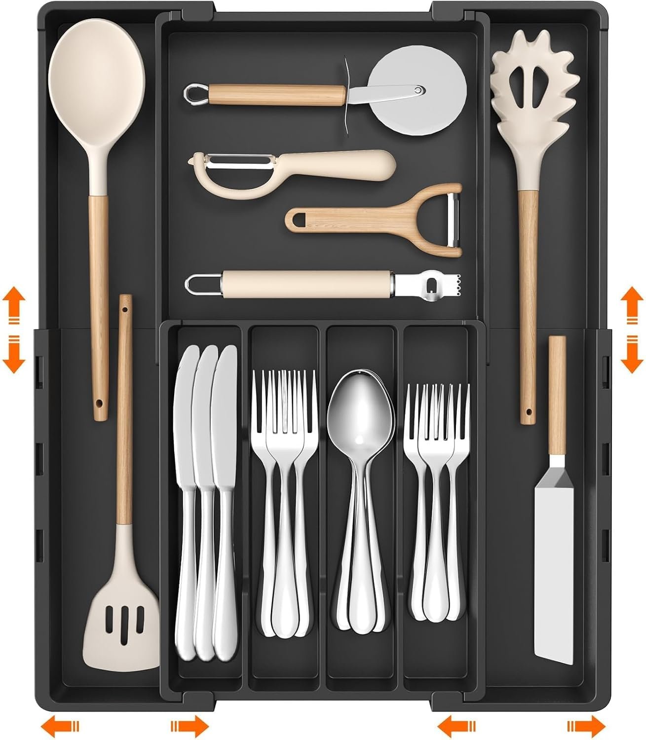Lifewit Silverware Drawer Organizer, Expandable Utensil Tray for Kitchen, BPA Free Flatware and Cutlery Holder, Adjustable Plastic Storage for Spoons Forks Knives, 4-7 Slots, Black