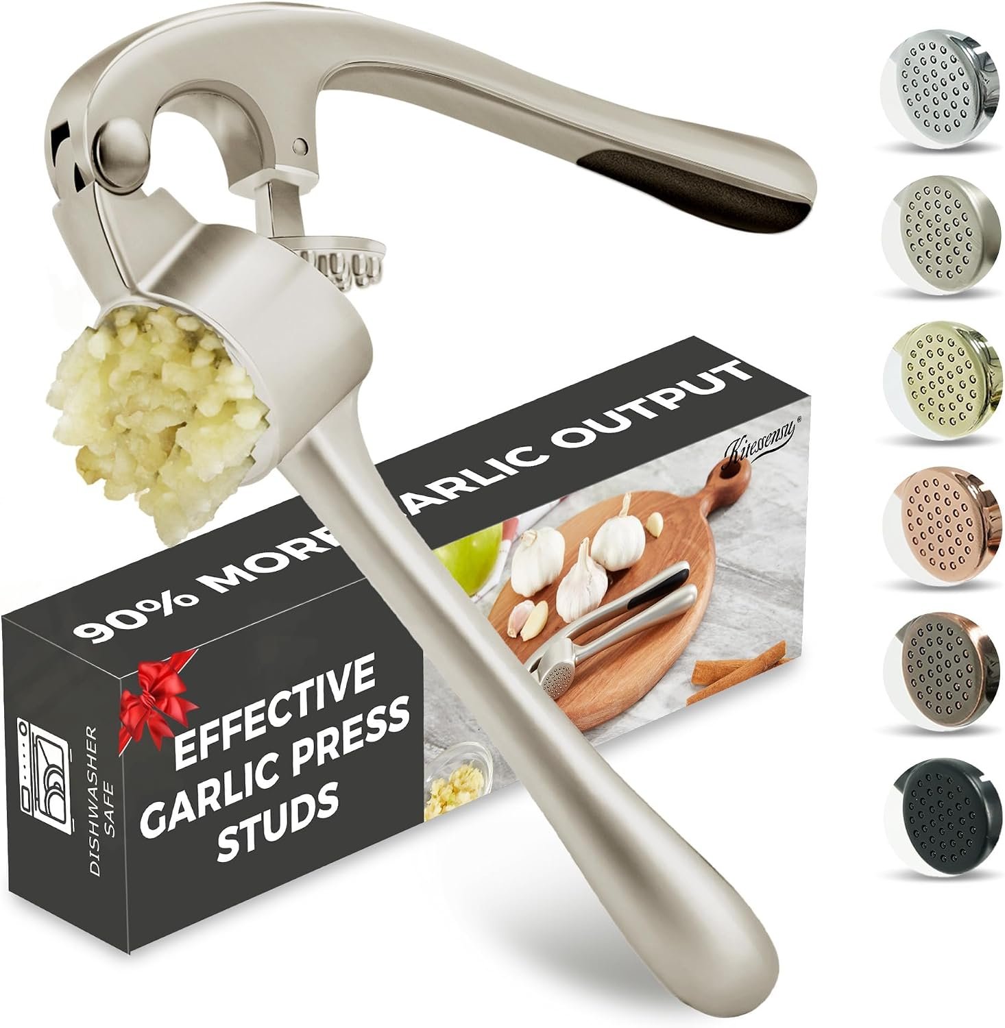 Kitessensu High Effective Garlic Press With Studs, Heavy Duty Garlic Mincer, Easy to Squeeze and Clean, Rust Proof, Ginger Crusher- Imperial Silver