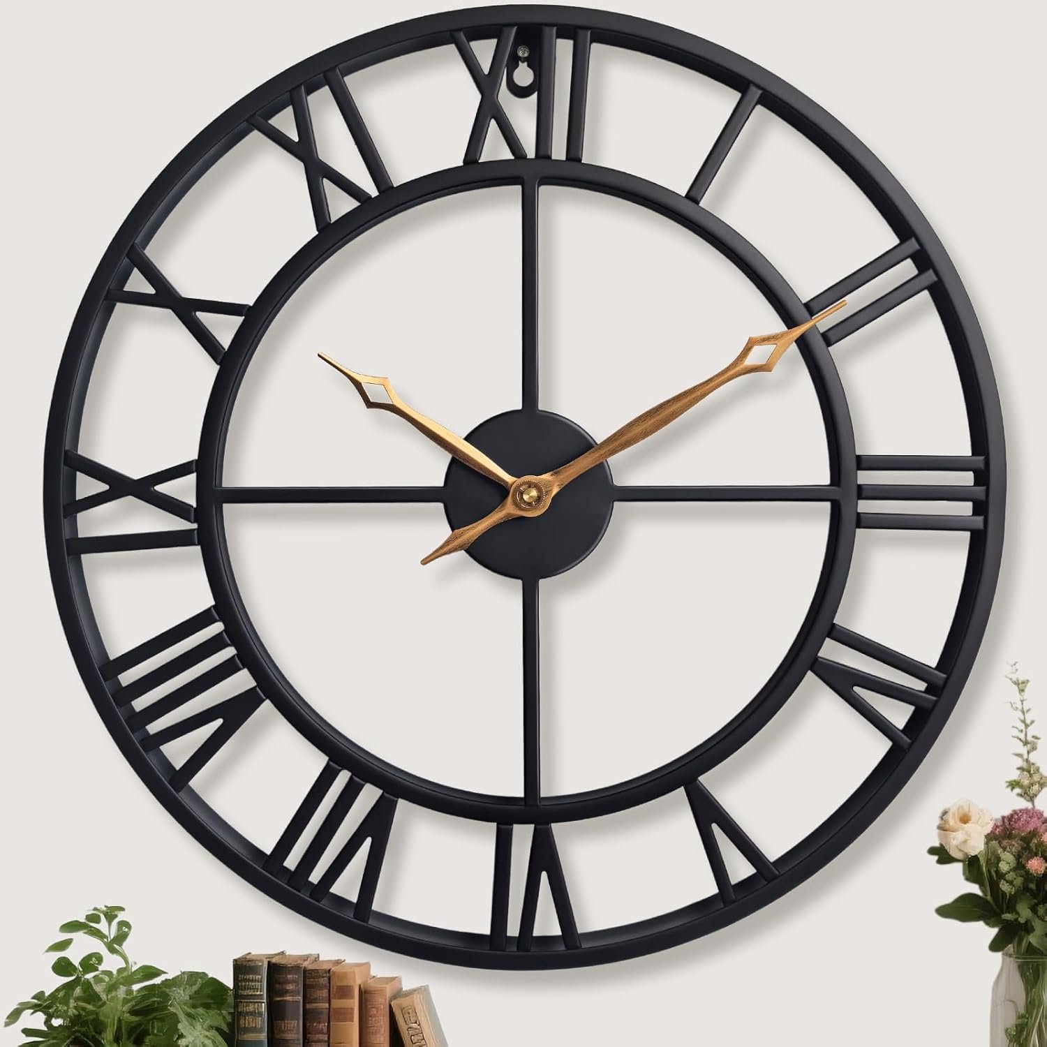 24 Inch Large Wall Clocks for Living Room Decor,Big Black Roman Numerals Modern Decorative Metal Wall Clocks for Bedroom, Kitchen, Office,Housewarming Gift