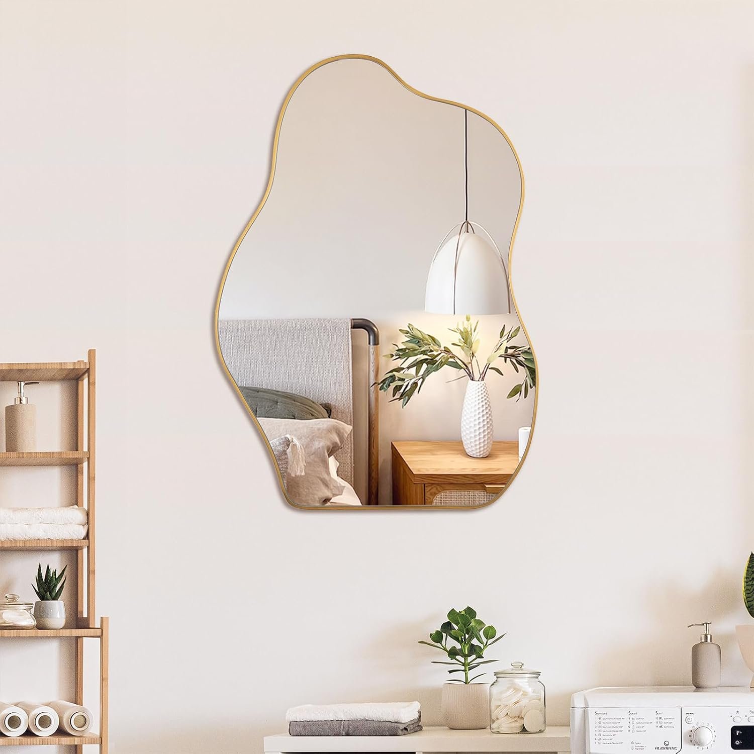 Irregular Asymmetrical Wall Mirror, 28″ x 20″ Gold Bathroom Mirror | HD Tempered Glass, Decorative Wall Mirror Golden Wood Framed Mirror for Bathroom Living Room Entryway Bedroom Hallway