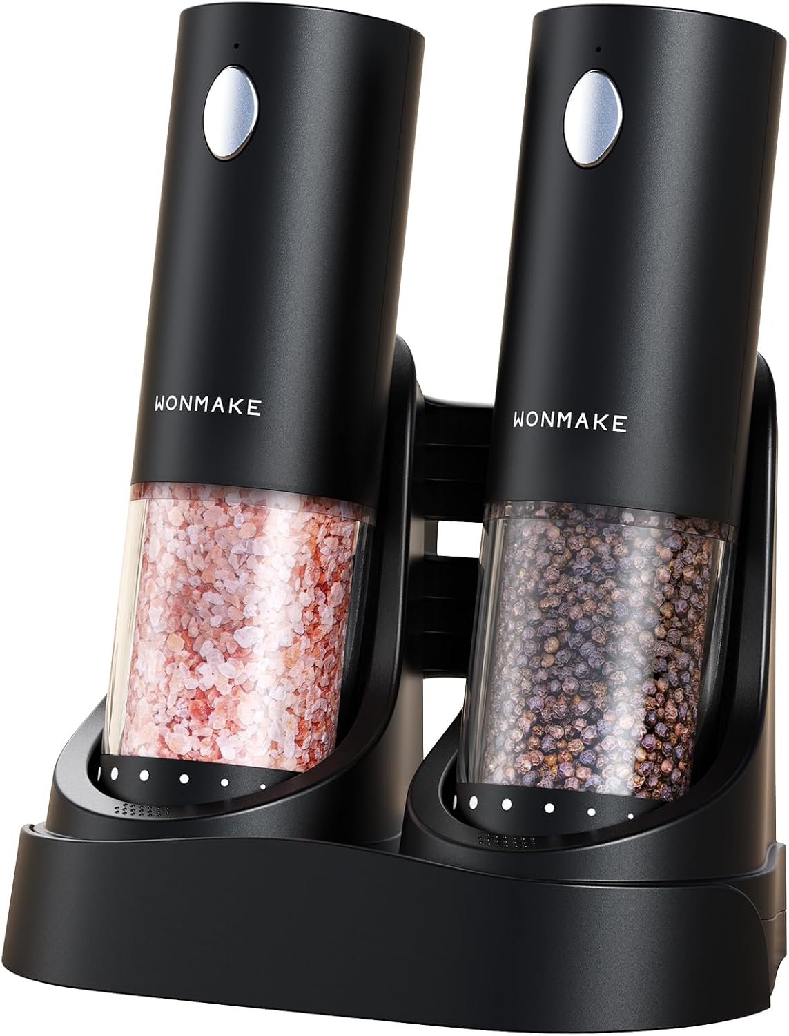 Electric Salt and Pepper Grinder Set, Charging Base, Automatic Rechargeable | Refillable Grinders with LED Light, 6-Level Adjustable Coarseness, External Dial, Easy One-Handed Operation for Kitchen Use
