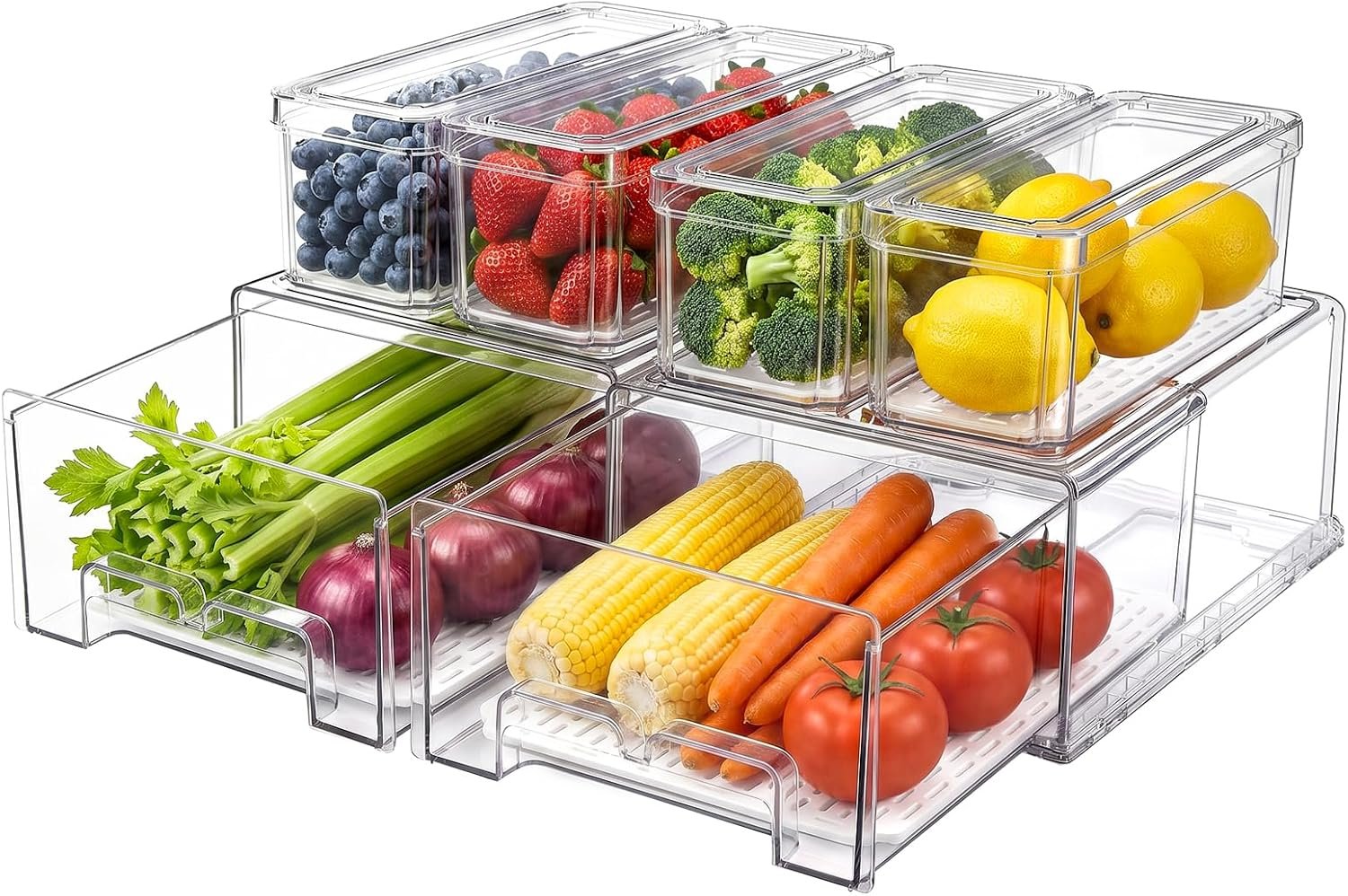 6Pack Fridge Organizers and Storage with Drain Trays,BPA-Free PET,Stackable | 2 Pull-Out Organizers & 4 Containers with Drain Trays For Fruit, Vegetable, Drink, Snack Food Storage