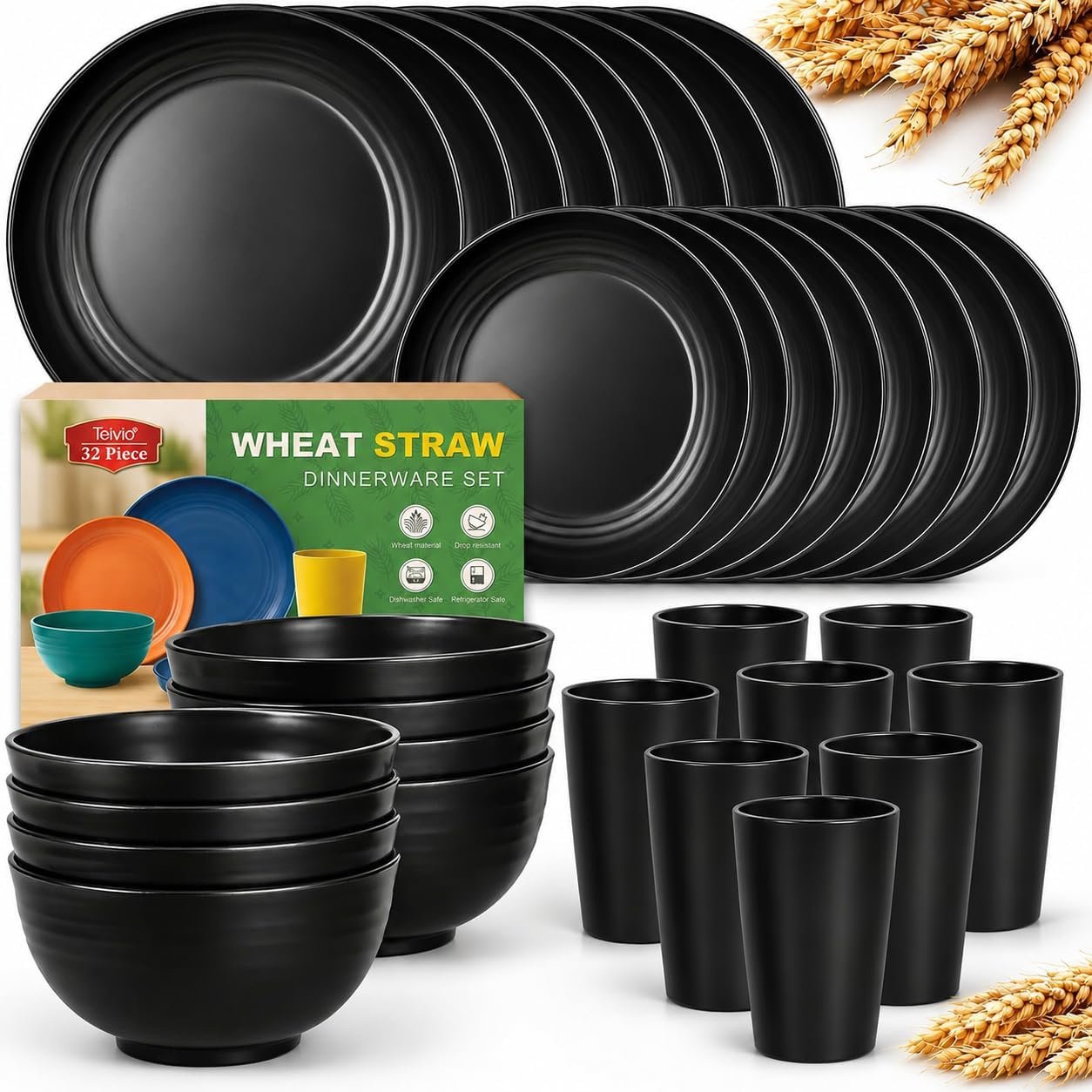 Teivio 32-Piece Plates and Bowls Sets for 8, Black Kitchen Dinnerware Sets | 13.5oz Cups, Plastic Wheat Straw Unbreakable Dish Set, Dishwasher Safe, for Outdoor Camping RV Apartment Essentials Plate Set