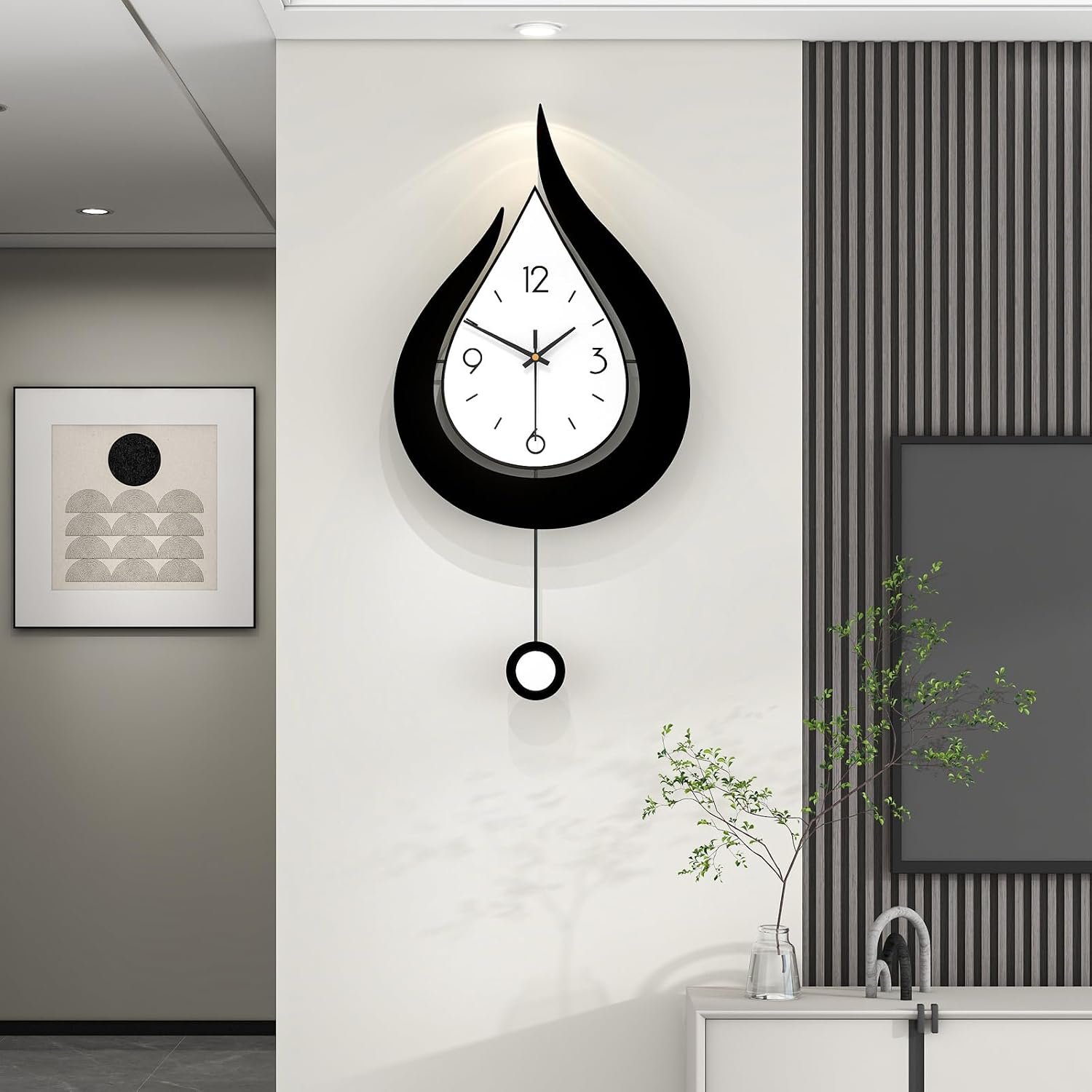 Decorative Modern Silent Pendulum Wall Clock for Living Room Decor | Minimalist Quality Quartz Large Wood Black Clock Battery Operated Non Ticking for Kitchen Office Bedroom,12×24 Inch