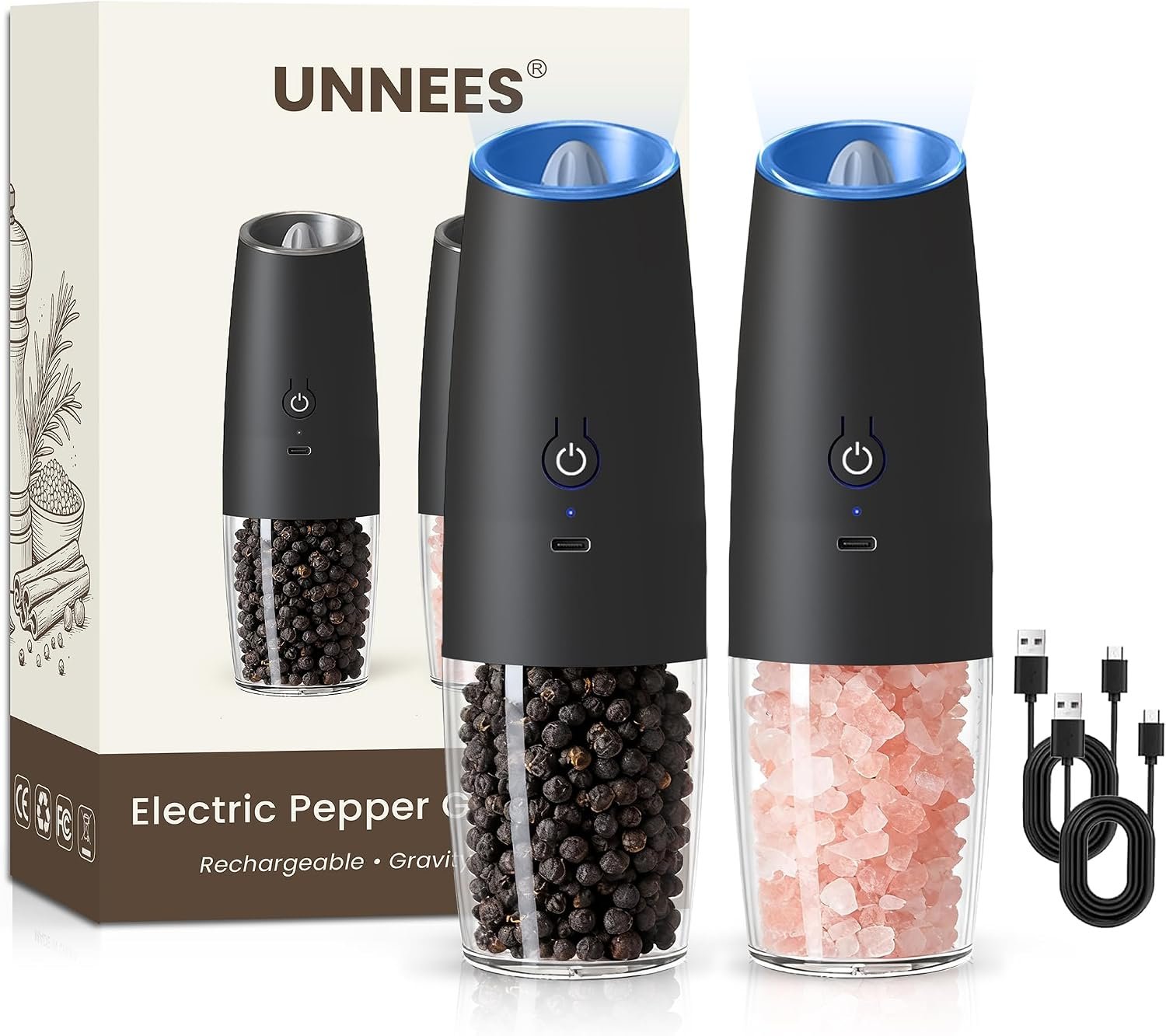 UNNEES Rechargeable Electric Salt And Pepper Grinder Set, 2 Pcs (Black) | Gravity Electric Salt And Pepper Grinder Set, Adjustable Roughness, Led Light