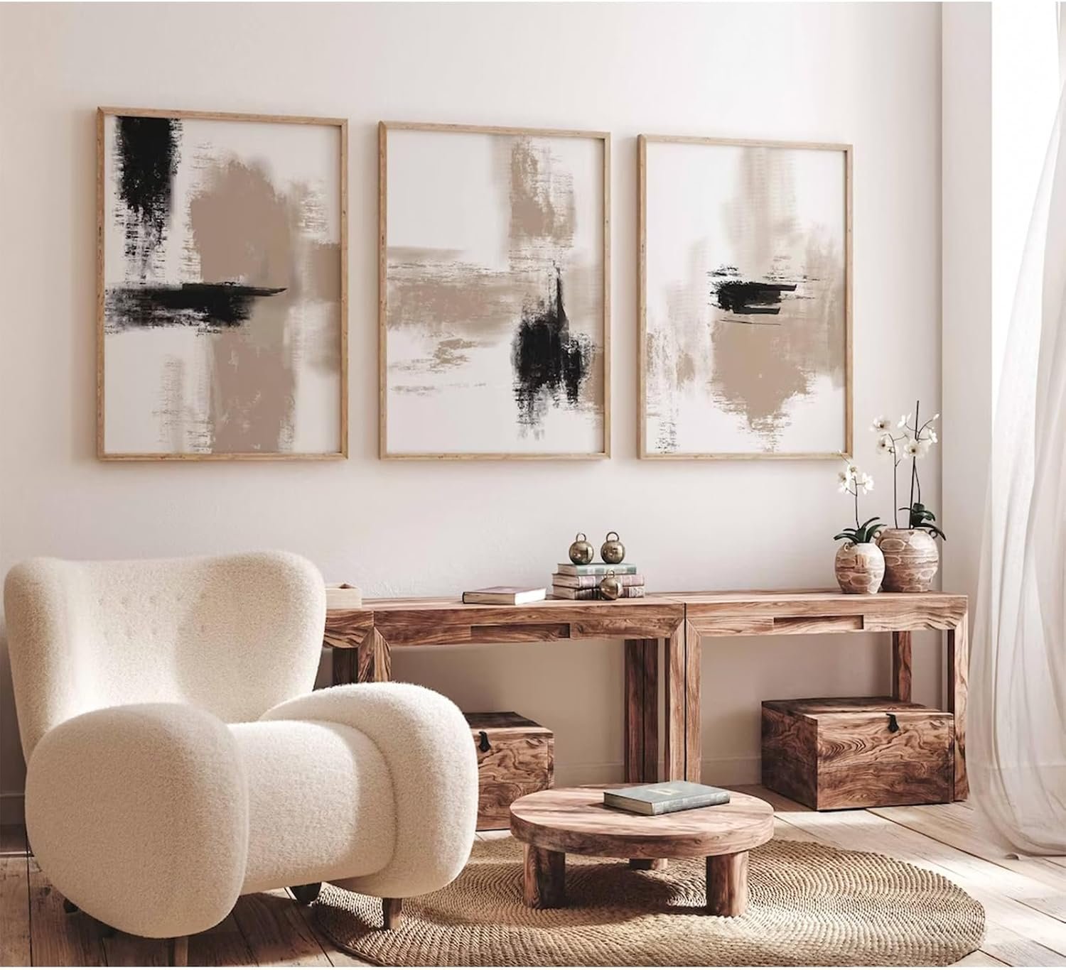 Joocrise Beige Abstract Wall Art Painting Set of 3 Neutral Canvas Wall Art Prints Black Beige Modern Wall Decor Minimalist Art Pictures Abstract Modern Artwork for Room Bedroom 12×16 Inch Unframed