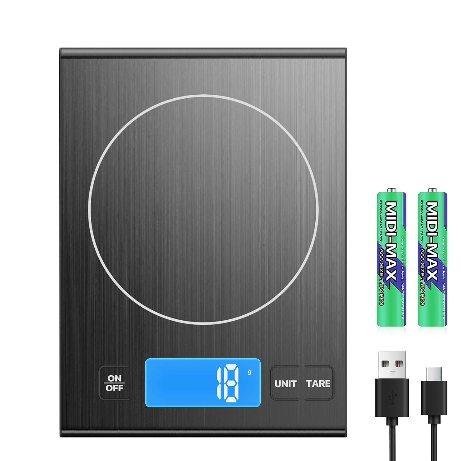 Diyife 33lb Rechargeable 304 Stainless Steel Kitchen Food Scale, Black | Digital Scale with LCD Display, Batteries and Type-C Charging, 5 Units, Tare, for Meal Prep, Cooking, Baking (Black)