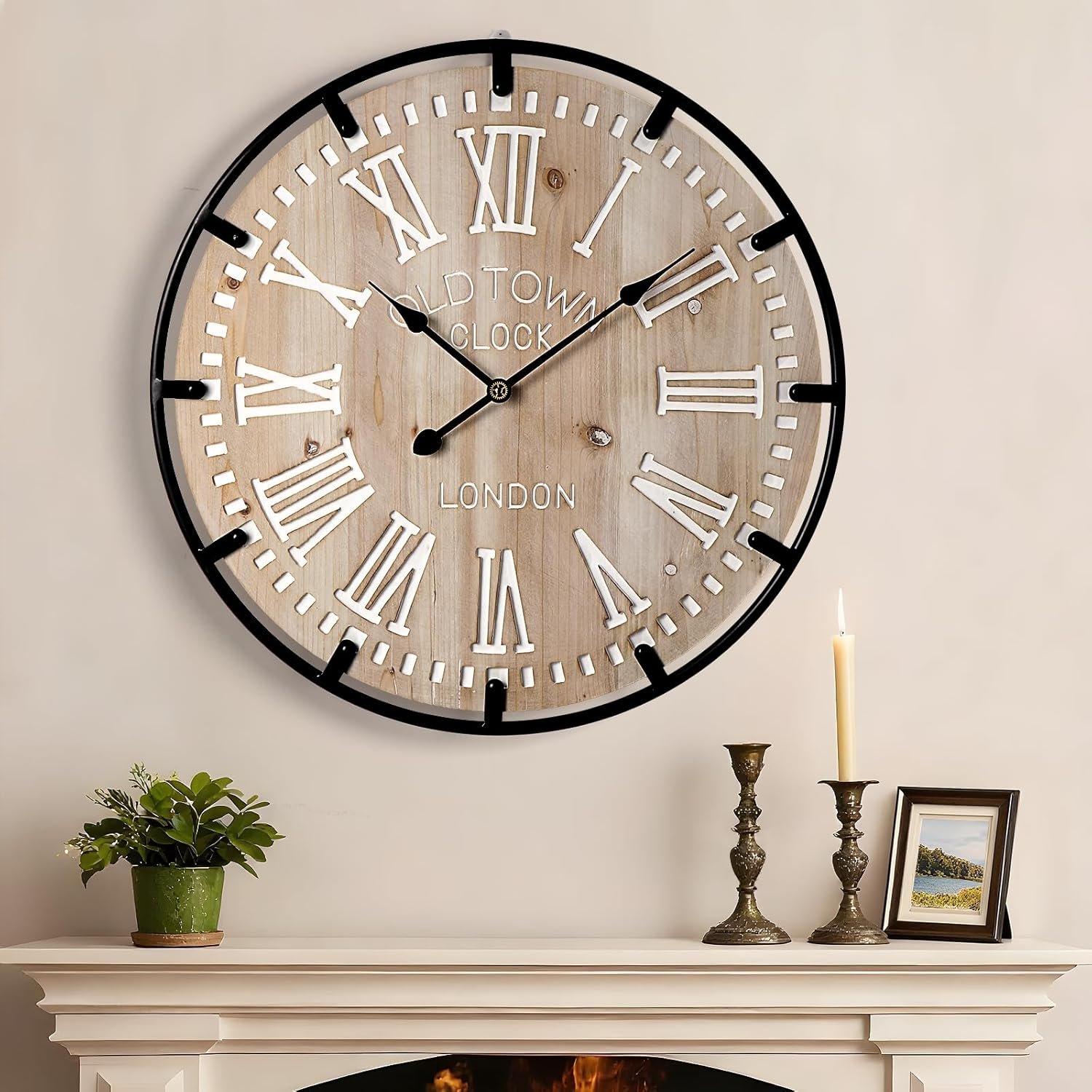 Farmhouse 30 Inch Wood Roman Large Wall Clock with Metal Circle | Oversized Wood Decorative Wall Clock with Large Roman Numeral for Living Room/Bedrooms/Offices, Silent and Battery Operated