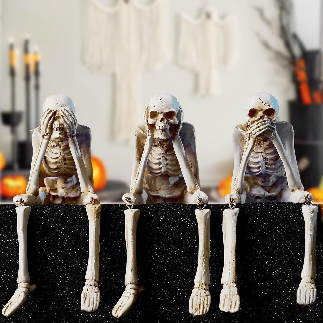 Halloween Decorations Indoor Skeleton Statues See Speak Hear No Evil Figurines for Mantel Table – Realistic Resin Skull Spooky Gothic Home Decor Set of 3