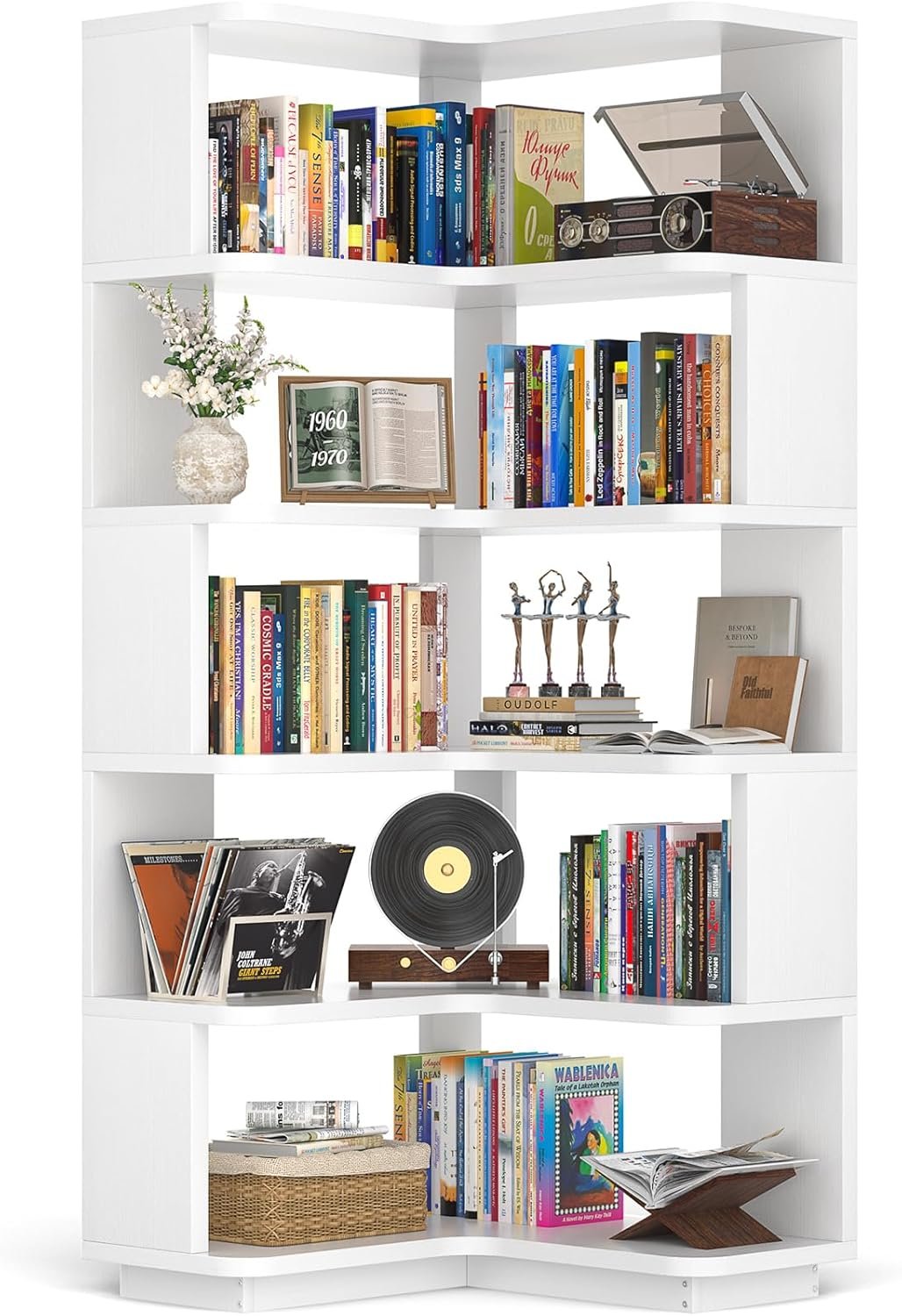 Corner Book Shelf, 6-Shelf L Shaped Corner Bookshelf with Baffle | 90 Degree Bookcase Freestanding Display Shelf Stand for Small Spaces, Home Office, Bedroom, Living Room, Kitchen, White