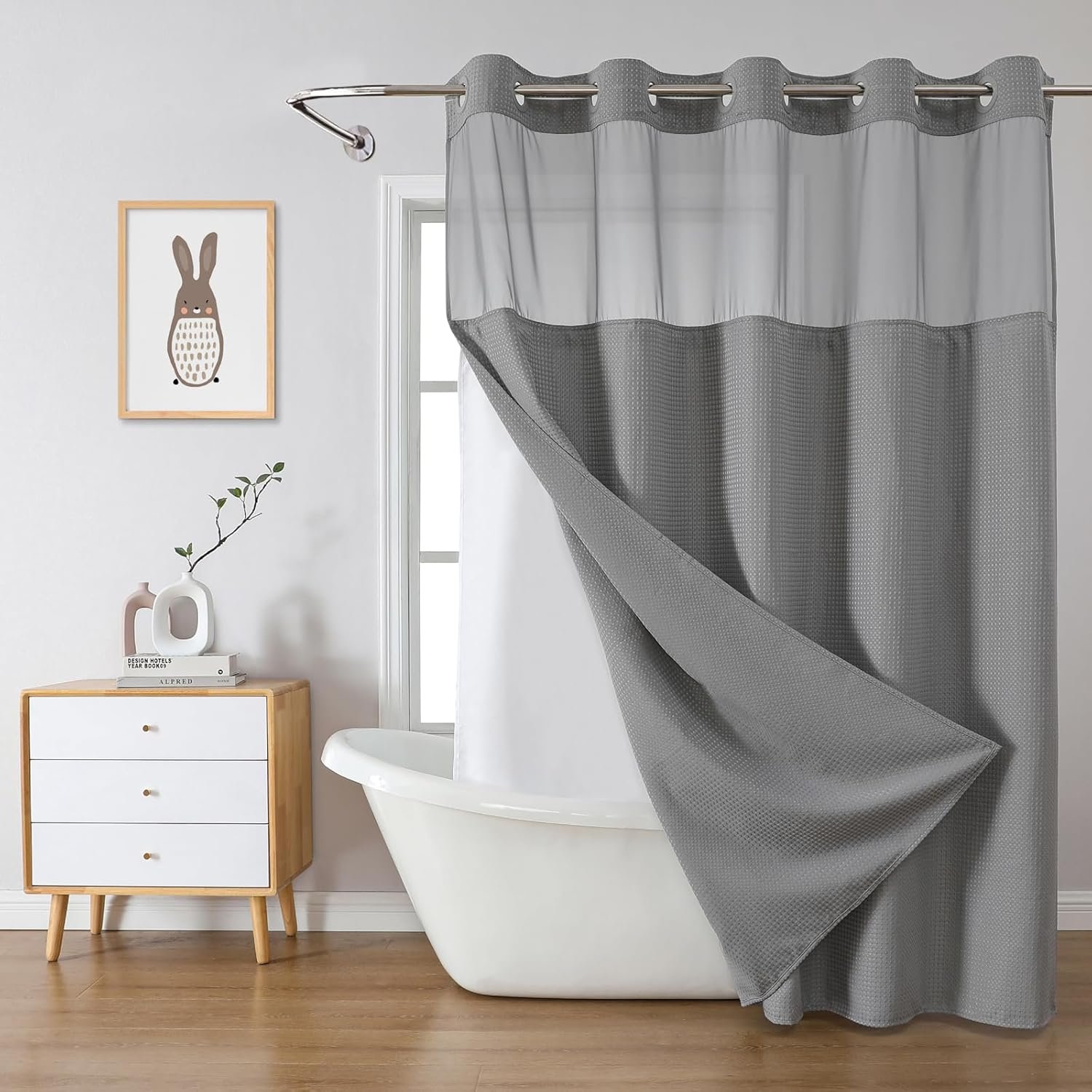 eachope No Hook Waffle Shower Curtain with Snap-in Liner, 71×74 Inch, Grey | 230 GSM waffle weave fabric, waterproof liner set with 2 bottom magnets, mesh top window, washable, for bathroom or hotel use