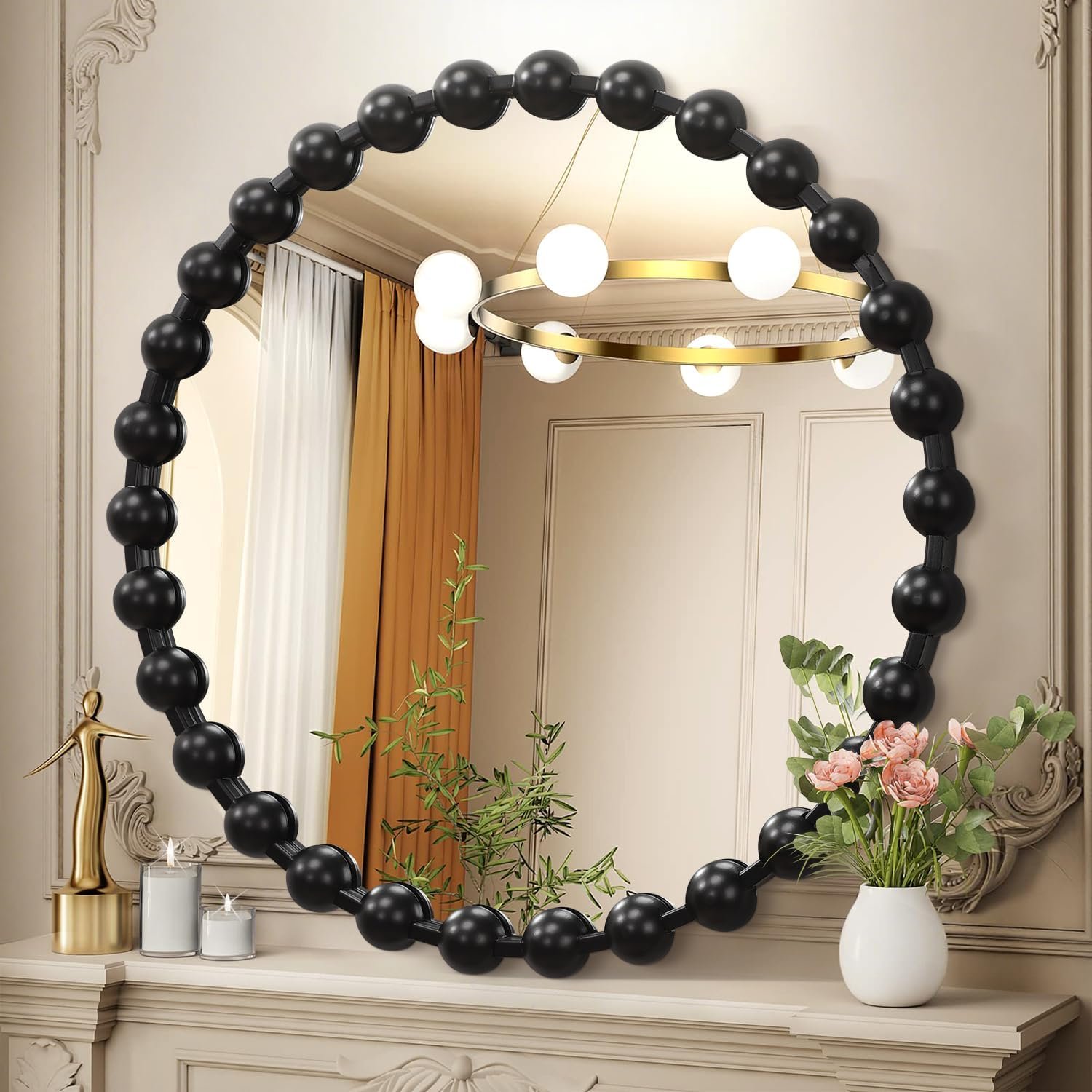 AAZZKANG Round Wall Mirror Black Metal Beaded Framed Large 20″ | Decorative Circle Hanging Mirrors for Bedroom Living Room Bathroom Entryway Modern