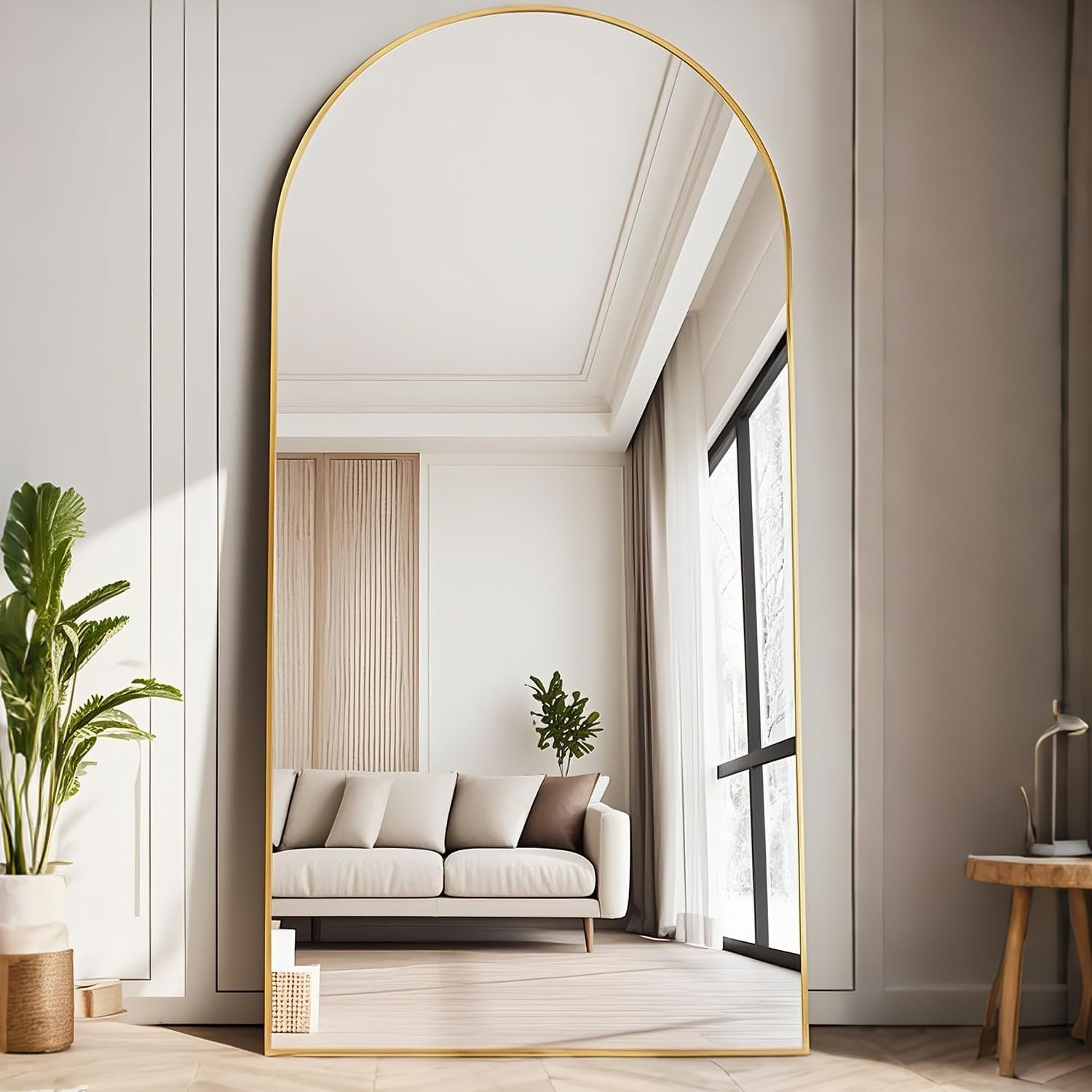 Full Length Mirror, 71”x30” Floor Mirror with Stand, Arched Wall Mounted Mirror, Large Full Body Mirror with Aluminum Frame Hanging or Leaning for Bedroom, Living Room, Cloakroom (Gold)