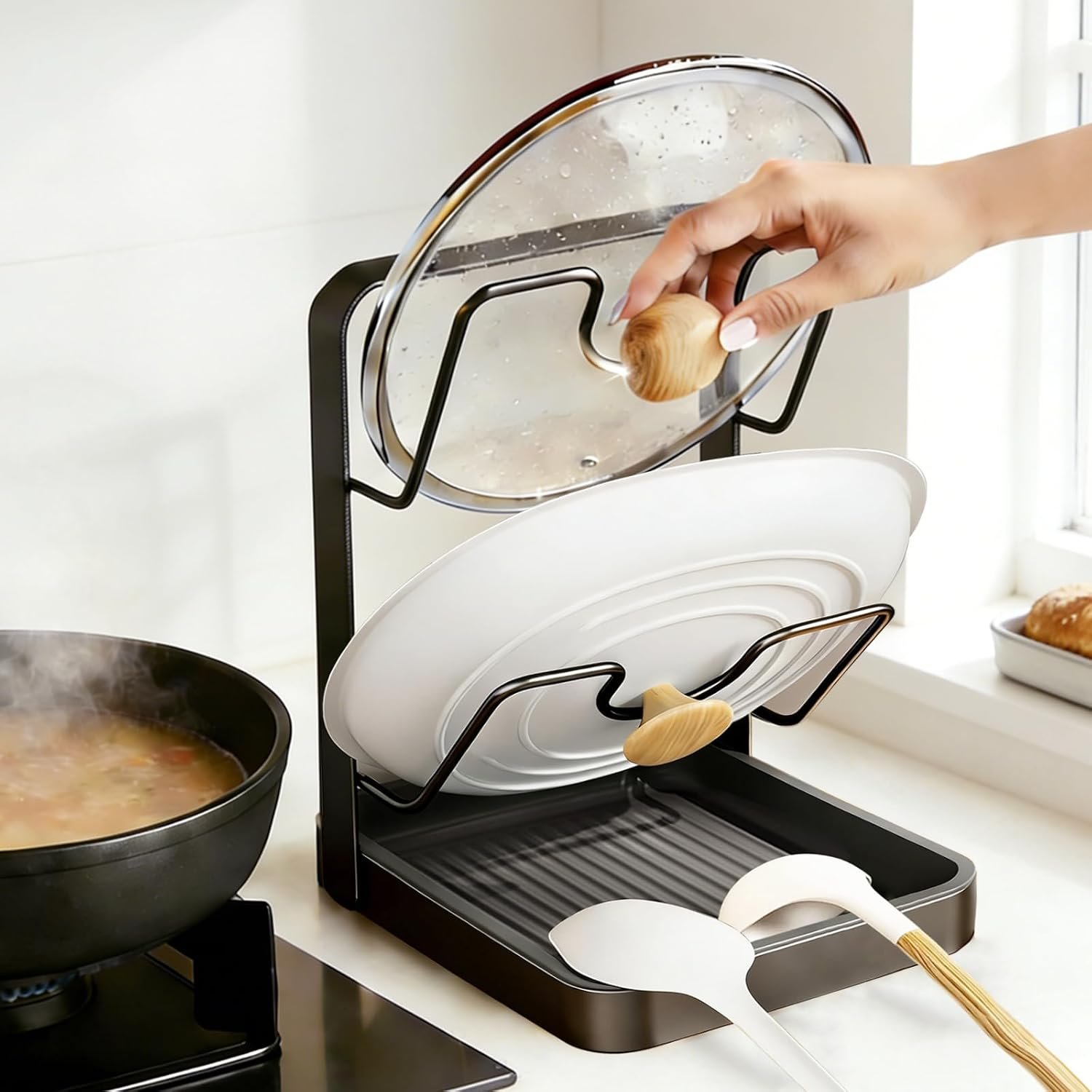 2-Tier Pot Lid Holder with Detachable Drip Tray, Kitchen Organizer | Spoon rest, two-tier countertop rack stores pot lids, pan covers, cutting boards, detachable tray helps collect drips.