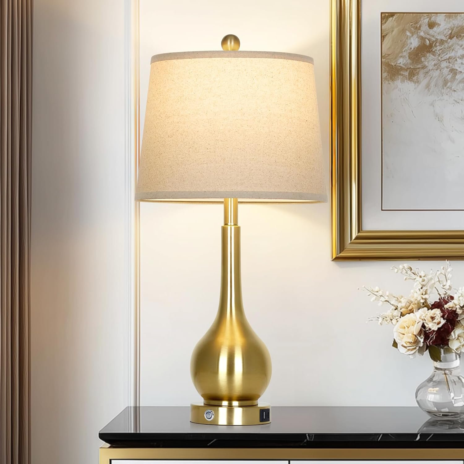 Rinweey 26″ Gold Table Lamp for Living Room Single, Touch Control Bedside Lamp for Bedroom, 3-Way Dimmable End Table Lamp for Nightstand with USB Charging Port (1 Pack)