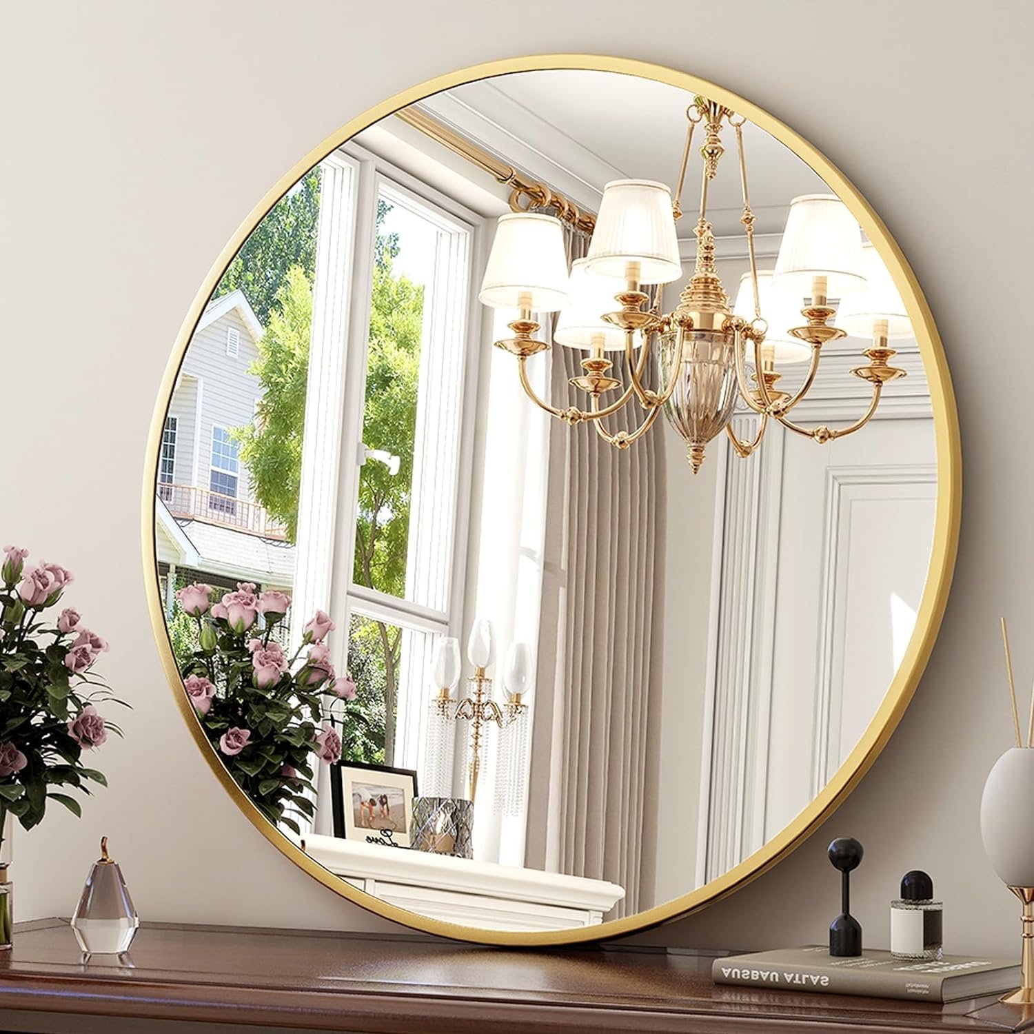 XRAMFY 30 Inch Round Mirror-Gold Circle Mirrors for Bathroom, Entryway | Modern Hanging Vanity Mirror for Livingroom, Wall Decor, Bedroom, Matte Gold Circle Decorative Wall Mirror