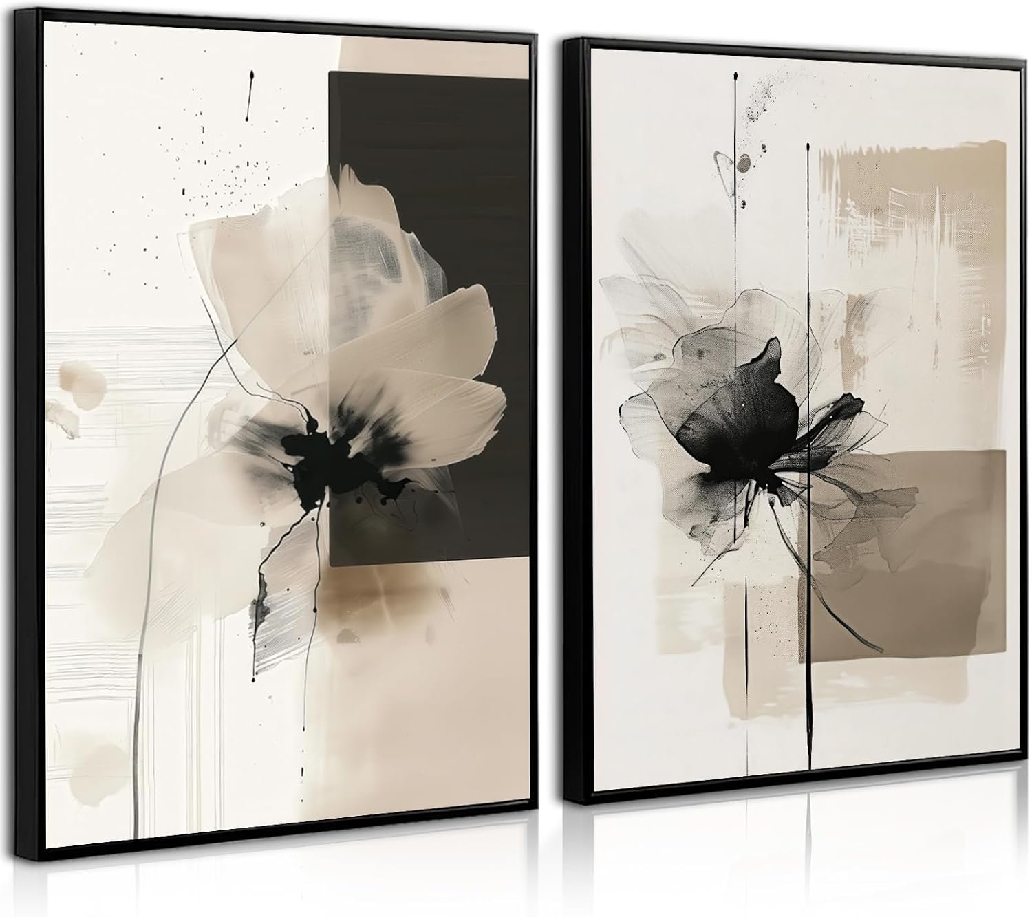 Modern Abstract Floral Wall Art Minimalist Neutral Canvas Painting Decor Beige Cream And Black Wall Art Contemporary Flower Picture Prints for Living Room Bedroom 12×16 Inch Unframed Set of 2