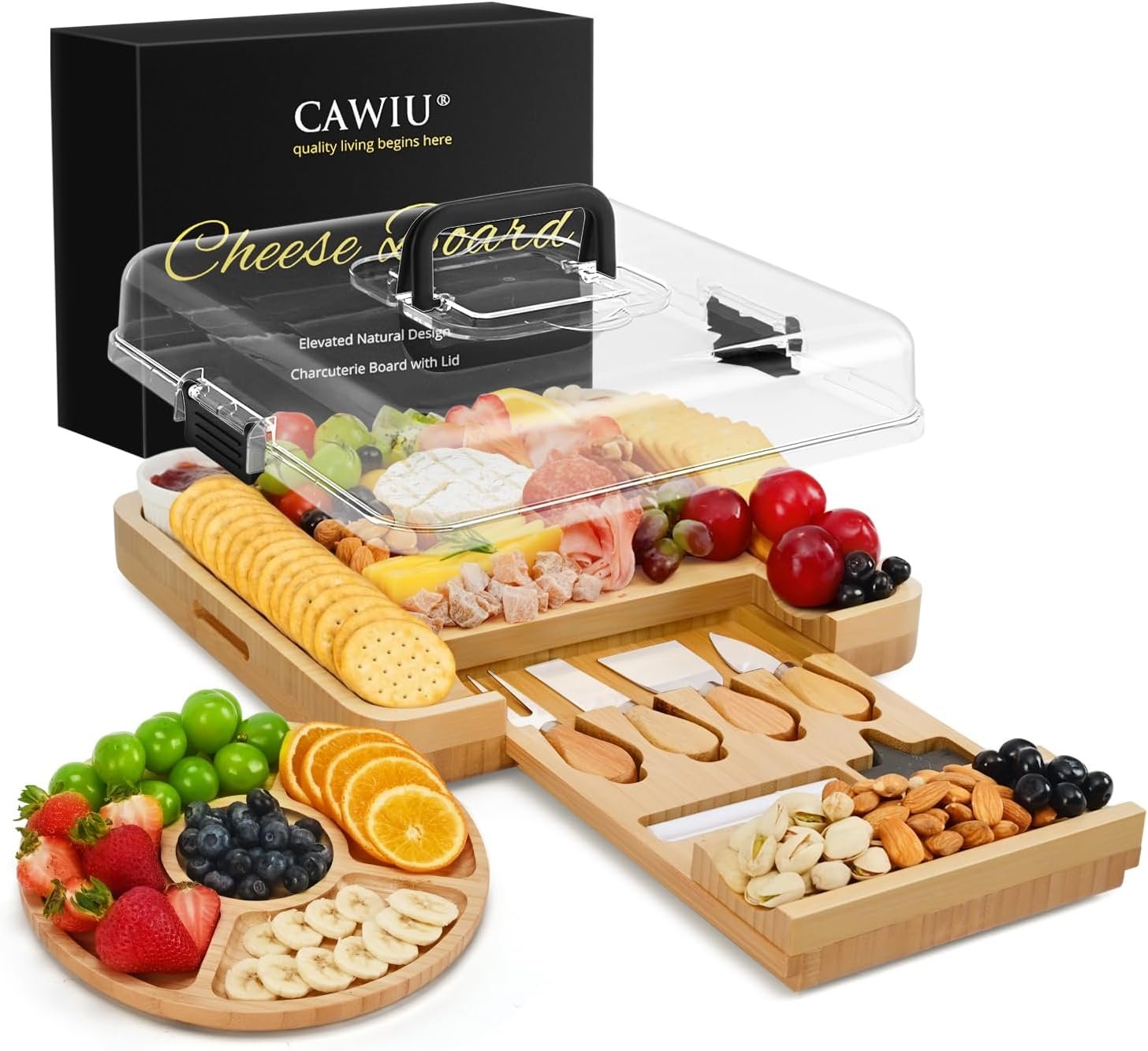Bamboo Charcuterie Board Set with Lid, Drawer and Fruit Tray, Black | Includes serving utensils for easy entertaining; a thoughtful gift for housewarmings, weddings, birthdays and bridal showers.