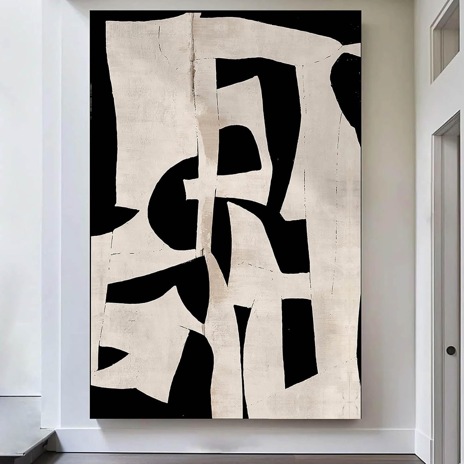 Extra Large Abstract Black Wall Art Living Room Modern Artwork | Minimalist Neutral Wall Decor Oversized Beige Home Office Pictures Framed Vertical Canvas Painting