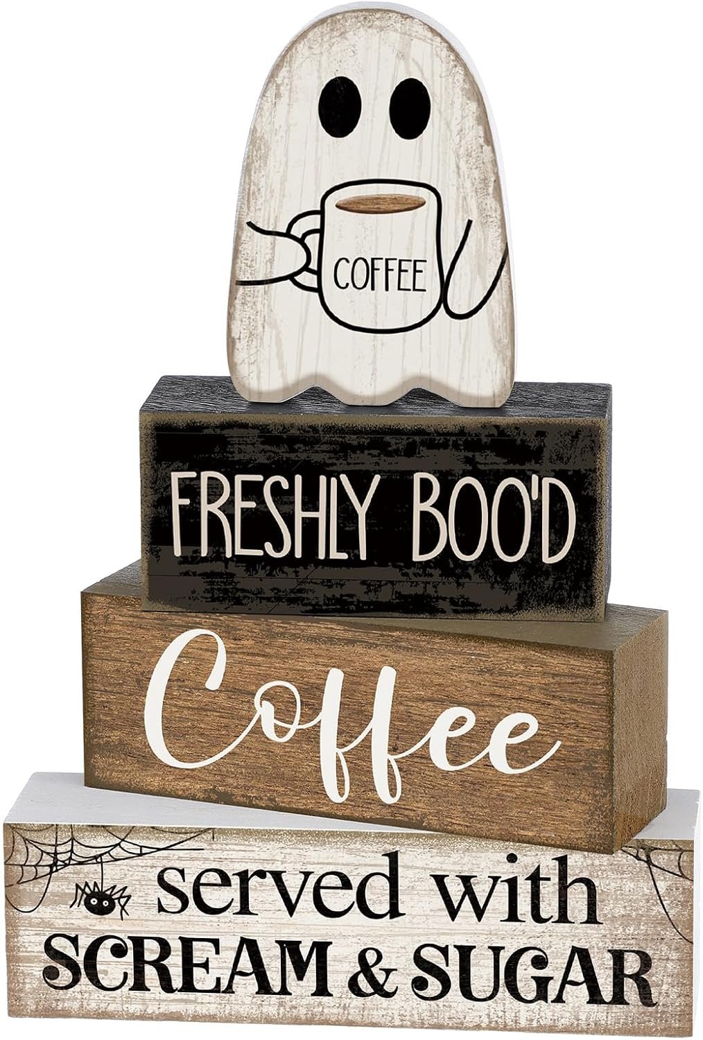 Lineshading 4 Pcs Halloween Coffee Table Decor Wooden Ghost Coffee Bar Sign | Stackable Blocks Bar Farmhouse Rustic Ghost Tiered Tray Festive Boo Decor Block Signs Home Office Kitchen Shelf