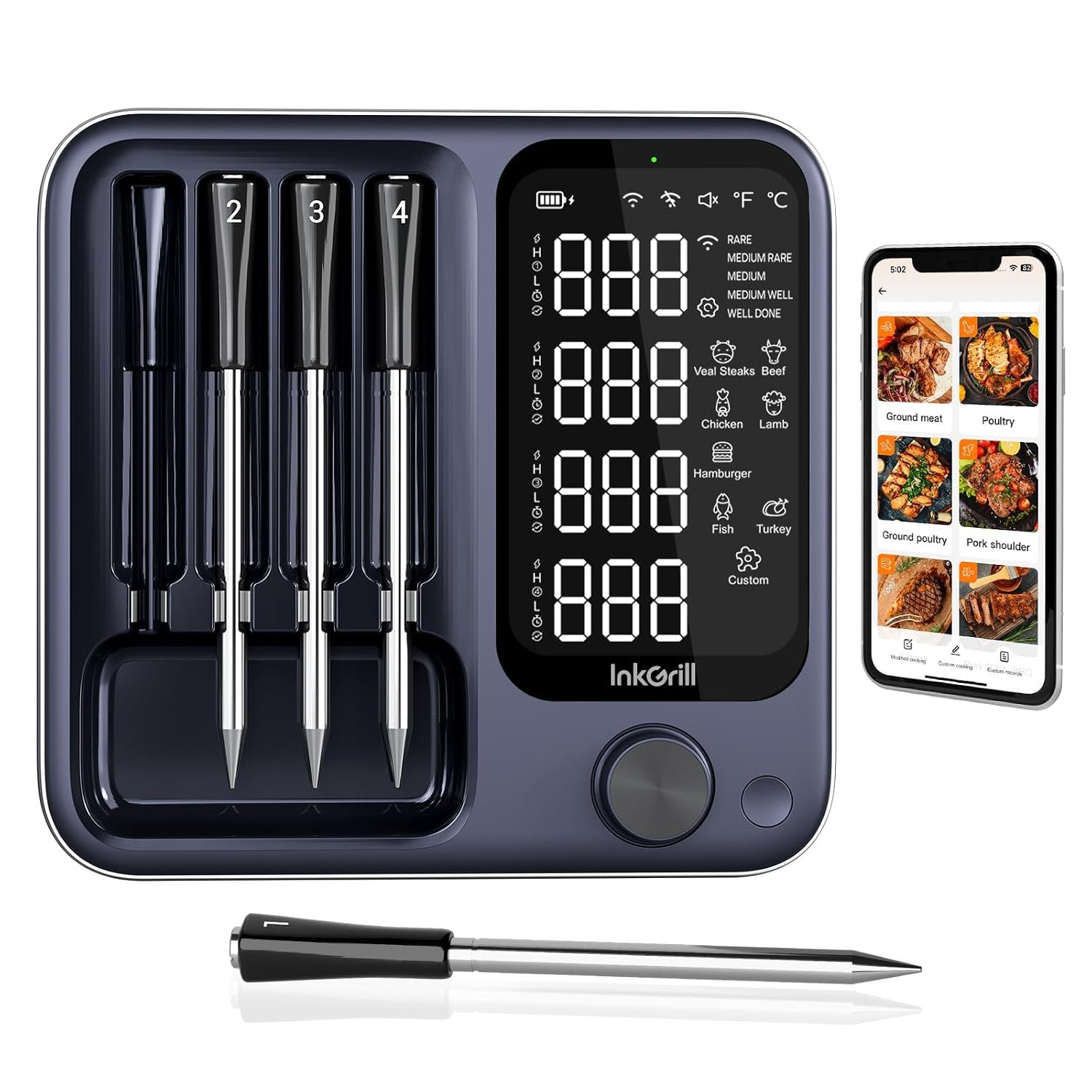 Wireless Meat Thermometer Digital with 4 Probes & IP67 Waterproof，2 Sensors in 1 Probe, WiFi Unlimited Range Real Time Monitoring Smart Meat Thermometer for Cooking, BBQ, Grill, Oven, Smoker