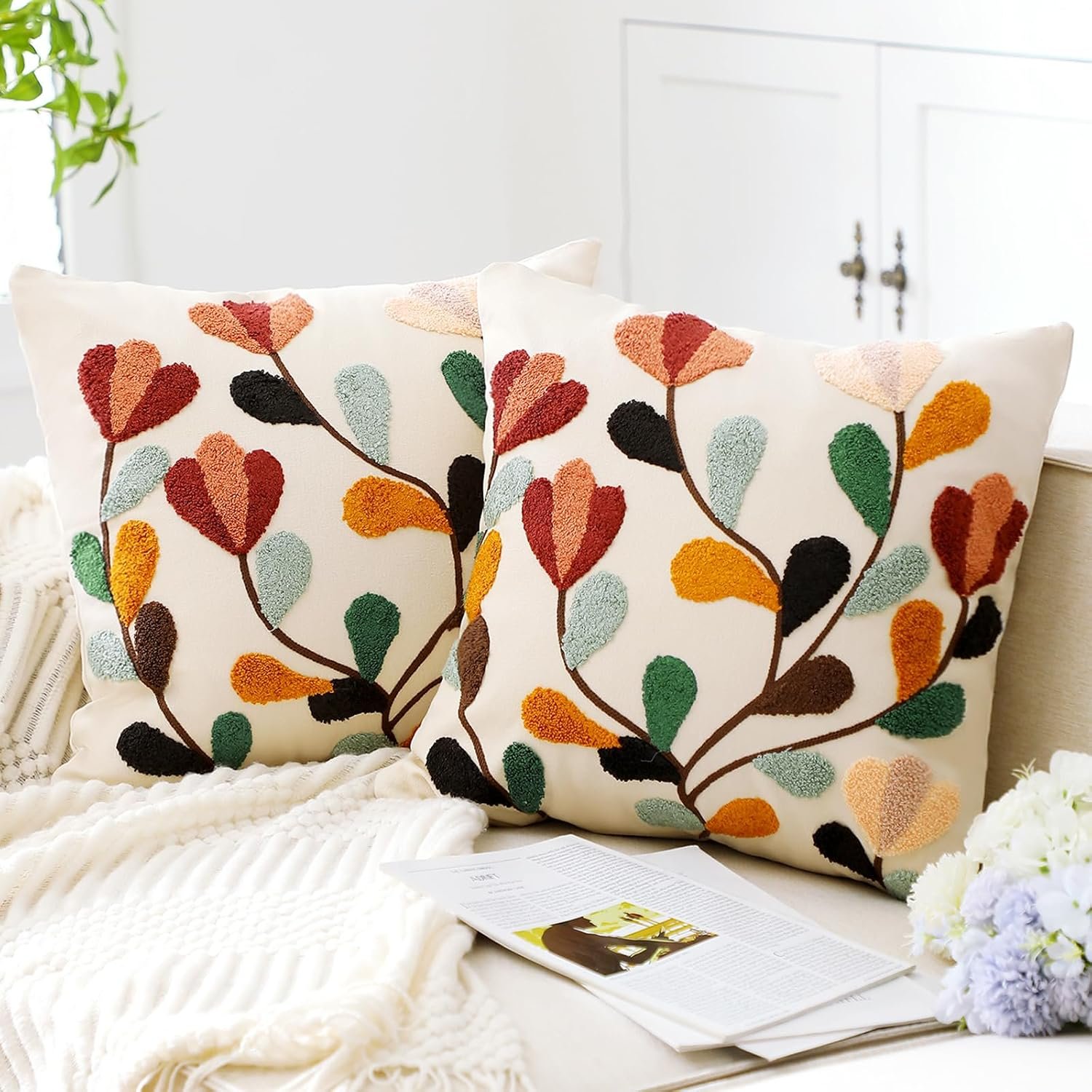 2 Pcs Boho Floral Throw Pillow Covers with Zipper 18 x 18 Inch Spring Fall Colorful Boho Embroidered Decorative Pillow Covers Aesthetic Decor for Couch Sofa Housewarming Gifts