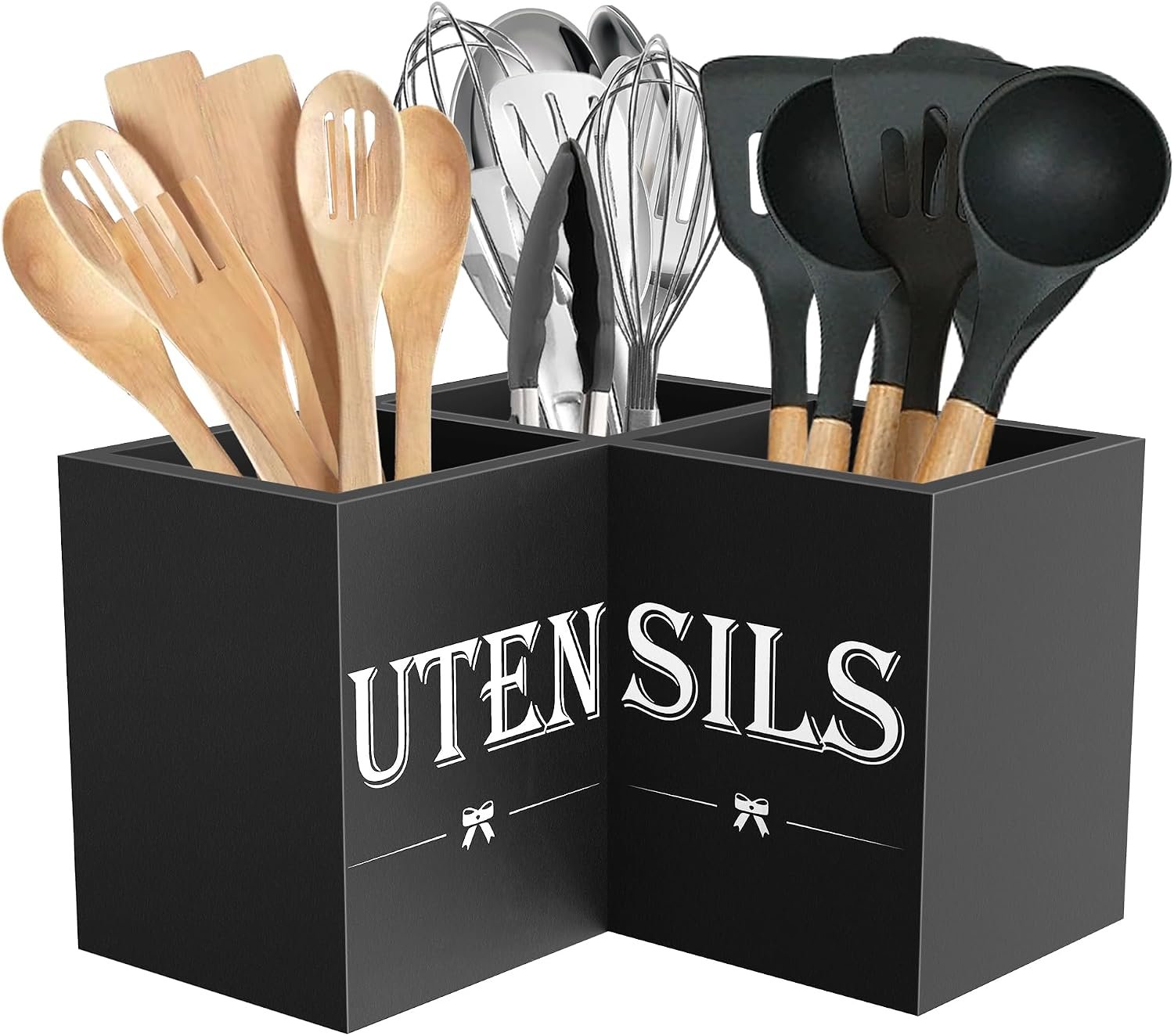Suli Extra Large Utensil Holder Countertop for Kitchen Counter,Wood,Black | Hold 40 Utensils,3 Removable Divider,Rutic Silverware Organizer Caddy,Spacesaving,Farmhouse Cooking Crock for Spatula,Spoon
