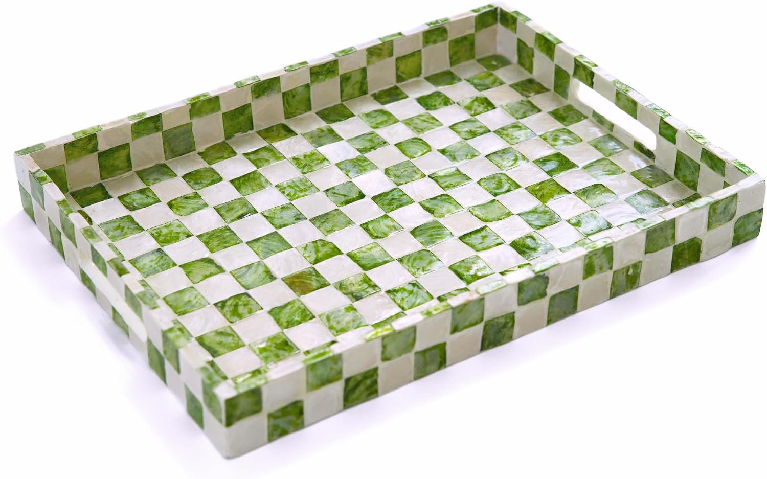 16″x12″ Capiz Serving Tray, Decorative Coffee Table Tray, Green | Handmade Rectangular Tray With Capiz Shell Inlay And Handles, Green And White Checked Pattern Ottoman Tray For Coffee Table