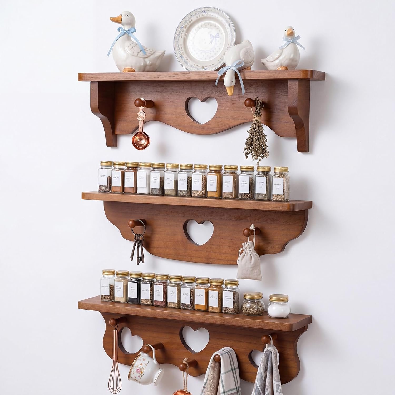 Pinkunn Set of 3 Rustic Wooden Wall Shelves with Heart Cutout and Peg Hooks, Natural Walnut Mounted Storage Display Rack for Entryway Bathroom Bedroom Kitchen Cottage Home Decor