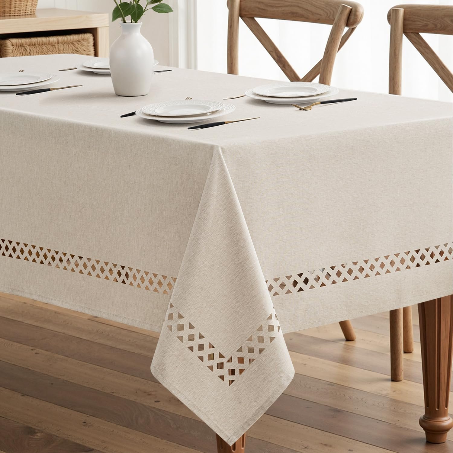 MIULEE Beige Rectangle Tablecloth with Decorative Cutouts 52×70 Inch | Waterproof Stain Resistant & Shrink-Proof Table Cloth, Farmhouse Style, for Dining Wedding Kitchen Party Outdoor